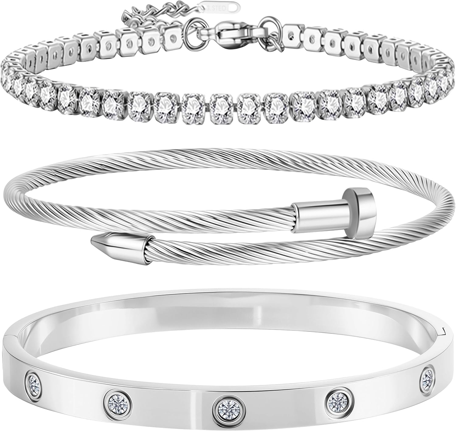 Silver Bangle Bracelets for Women - Stainless Steel Love & Friendship Tennis Bracelets with Gift Box | Daily & Party Wear Jewelry (Silver Bracelets)