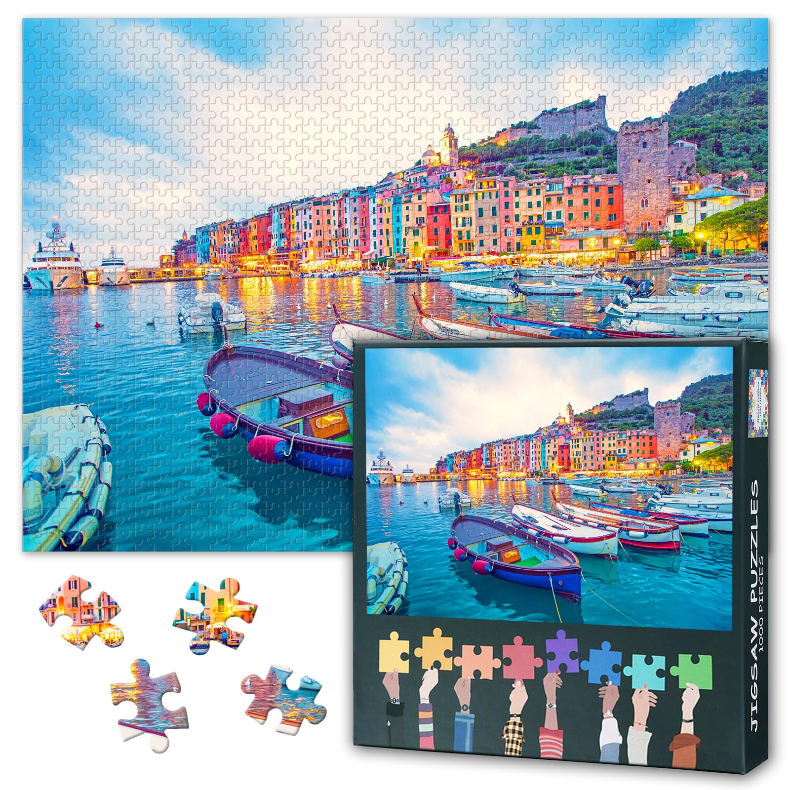 1000 Piece Jigsaw Puzzle - Colorful Houses and Boats in Porto Venero,50x70cm Complex Artwork Parlour Games,Italy Liguria Mystic Landscape of the Harbor Puzzles