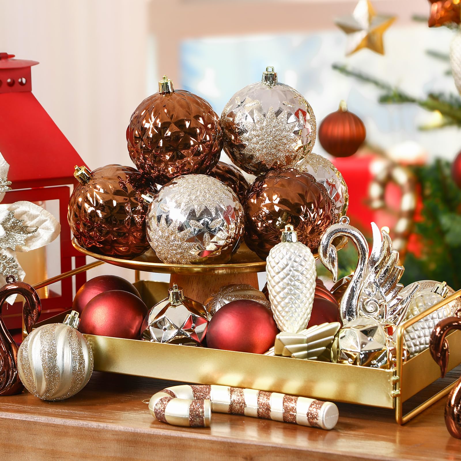 Alupssuc 128 Teiliges Weihnachtskugel-Ornament-Set, Bruchsichere Christbaumschmuckkugeln, Weihnachtsblumen, Bänder, Baumspitze für Weihnachtsbaum, Feiertage, Hochzeitsfeiern mit Haken, Braun & Gold