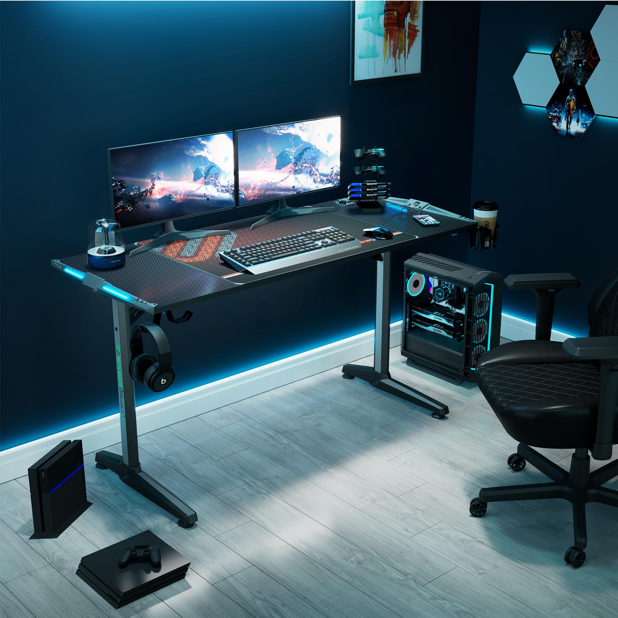 EUREKA ERGONOMIC Bureau Gaming LED Bureau Gamer 140x60 cm Bureau Informatique pour Gaming PC avec Lumière RGB, Gratuit Tapis Souris, Porte Gobelet, Crochet Casque