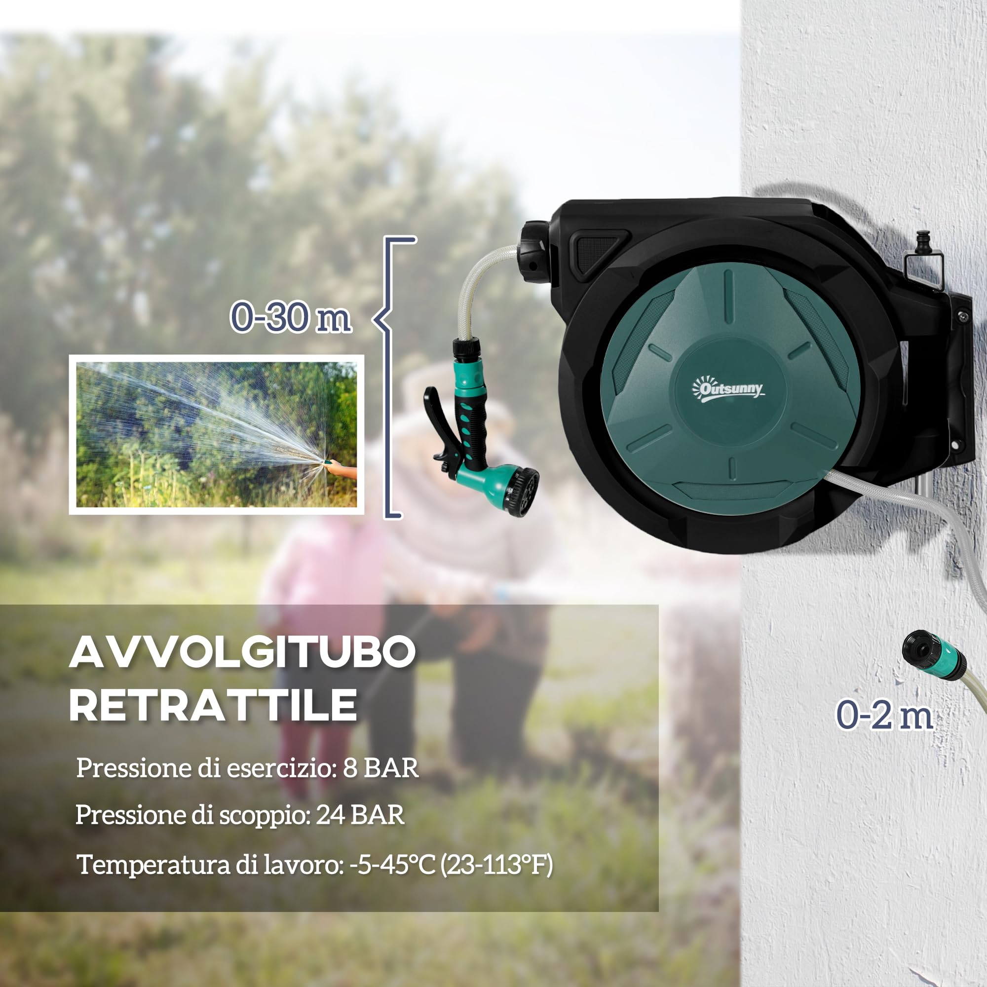 Outsunny Avvolgitubo da Giardino Retrattile con Tubo dell'Acqua 30+2 m, Avvolgitubo da Parete & da Manico, Girevole a 180°, con Blocco e 7 Modalità di Spruzzo per Irrigazione in PP, Nero