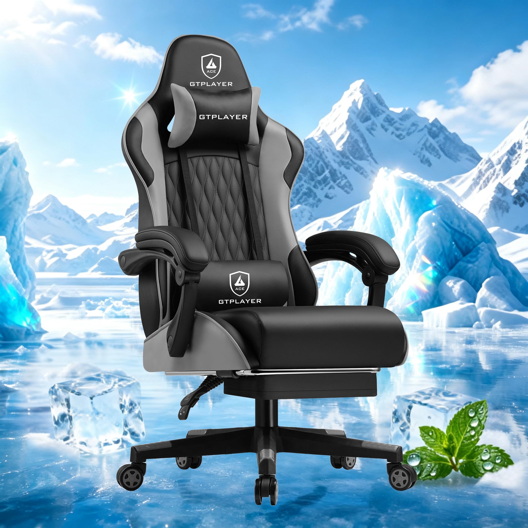 GTPLAYER Gaming Stuhl - Ergonomischer Bürosessel mit Verstellbarer Lordosen-/Kopfstütze & Fußstütze, 150 kg Belastbarkeit, Grau | Gaming Chair, PC Stuhl, Schreibtischstuhl