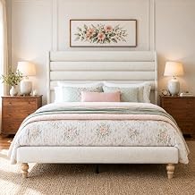 Brafab Cloud Full Bed Frame, Boucle Platform Bed with 50.3" Wavy Headboard | Upholstered Bed Frame with Solid Wood Legs, Soft Rounded Footboard, No Box Spring Needed, Easy Assembly, Beige