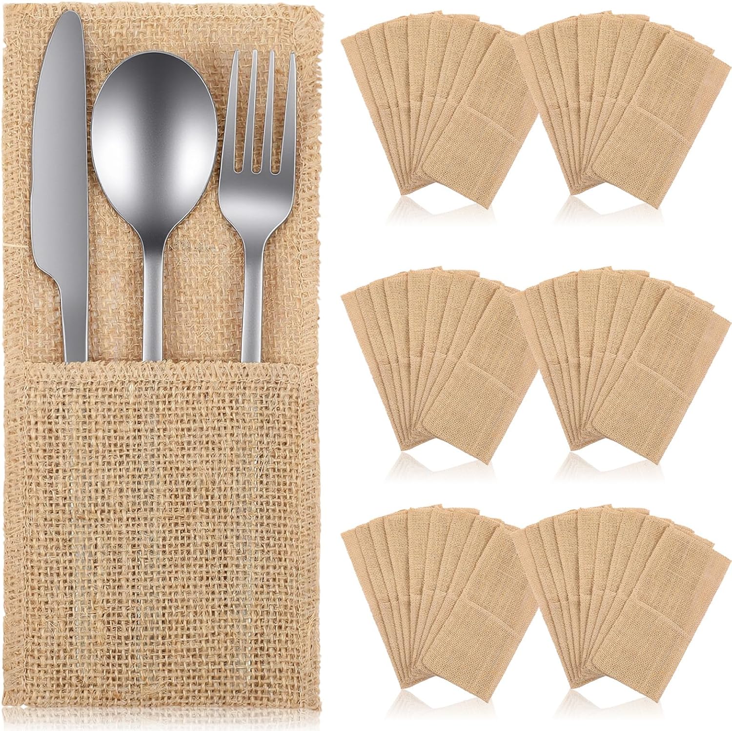 60 Pcs Burlap Utensils Holders, 4"x9.4" Natural Jute Cutlery Pouch Silverware Holder Knives Forks Spoon Napkin Bag for Rustic Wedding Party Decorations favors