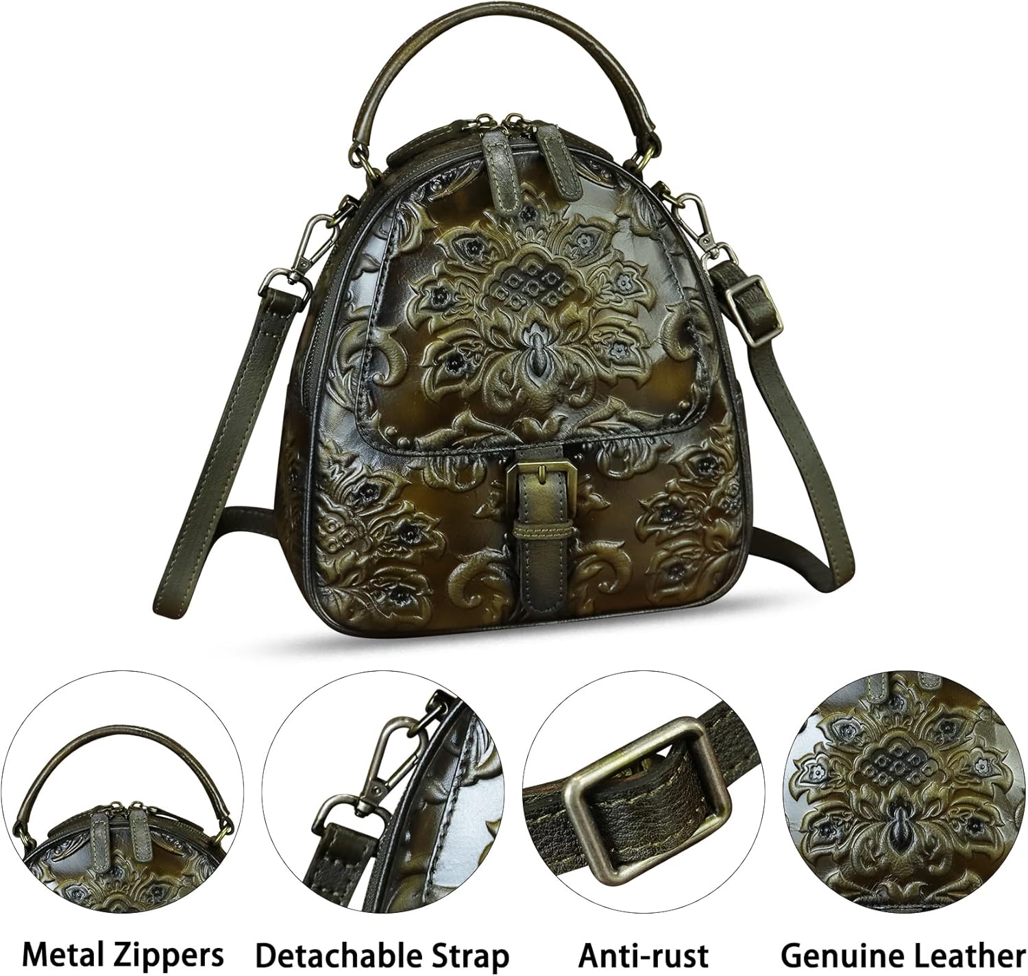 Genuine Leather Satchel for Women Purse Embossed Crossbody Handbag Top Handle Bags Handmade Convertible Backpack Knapsack | Embossed, Top Handle, Bags, Handmade, Convertible - Image 3