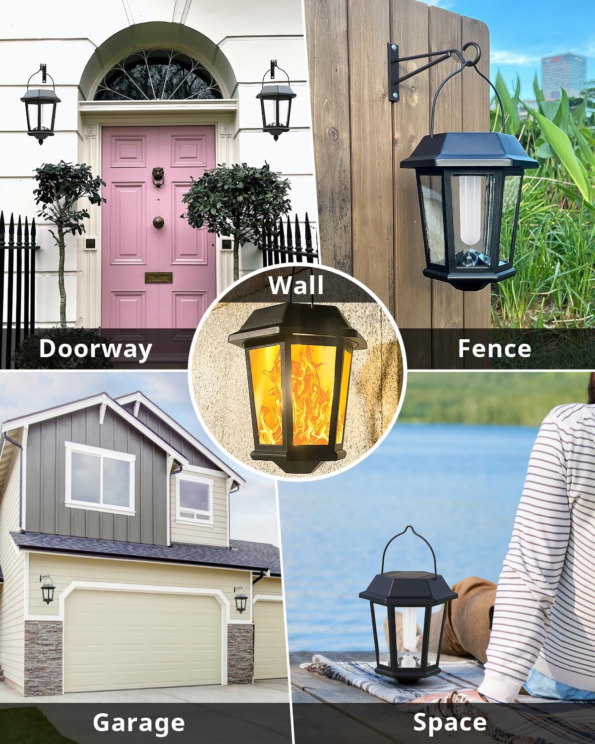 Solar Lanterns Outdoor Waterproof, Hanging Solar Lights with Glass Shade - 2 Pack LED Metal Wall Mount Outdoor Light for Yard/Garden/Patio - Flame