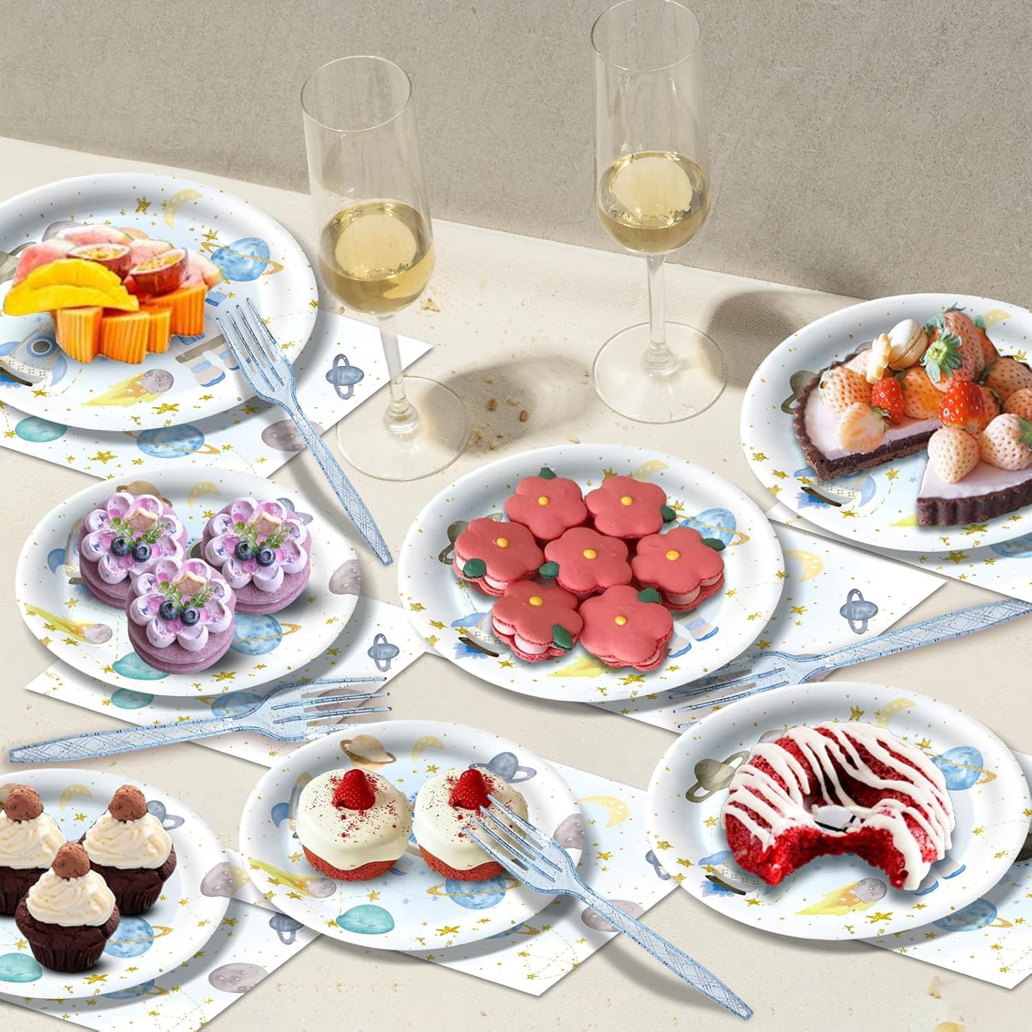 96 Pcs Space Theme Birthday Decorations Galaxy Planet Party Tableware Set Space Plates and Napkins for Solar System Planets Kids Birthday Party Decorations