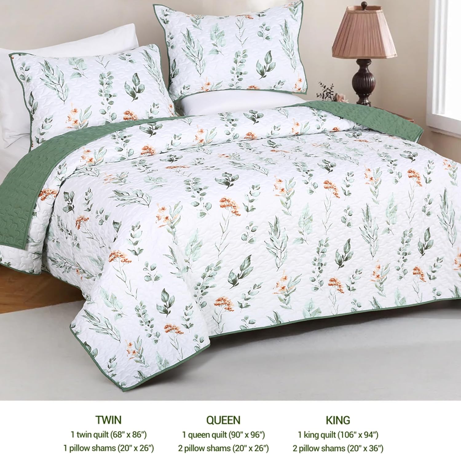 3-Piece Green Floral Quilts King Size, Lightweight Reversible Printed Quilted Bedspreads, Soft Microfiber Coverlet Quilt Bedding Set with 2 Pillow Shams for All Seasons