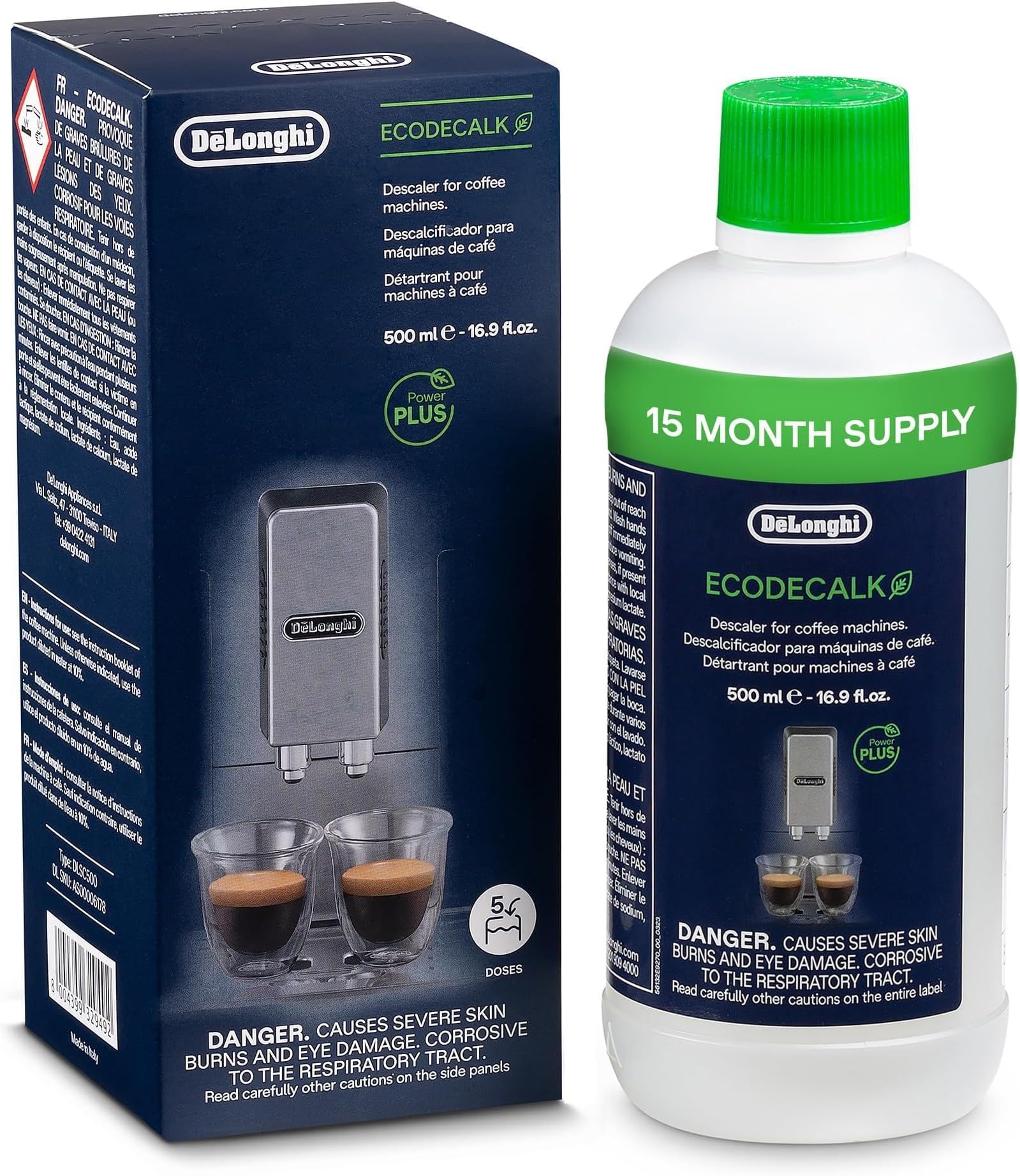 De'Longhi EcoDecalk Descaler DLSC500, 5 Decalcification Doses, Coffee Machine Descaler, Coffee Machine Maintenance Accessory, Plant-Based Ingredients, Bottle with 5 Doses, 500ml