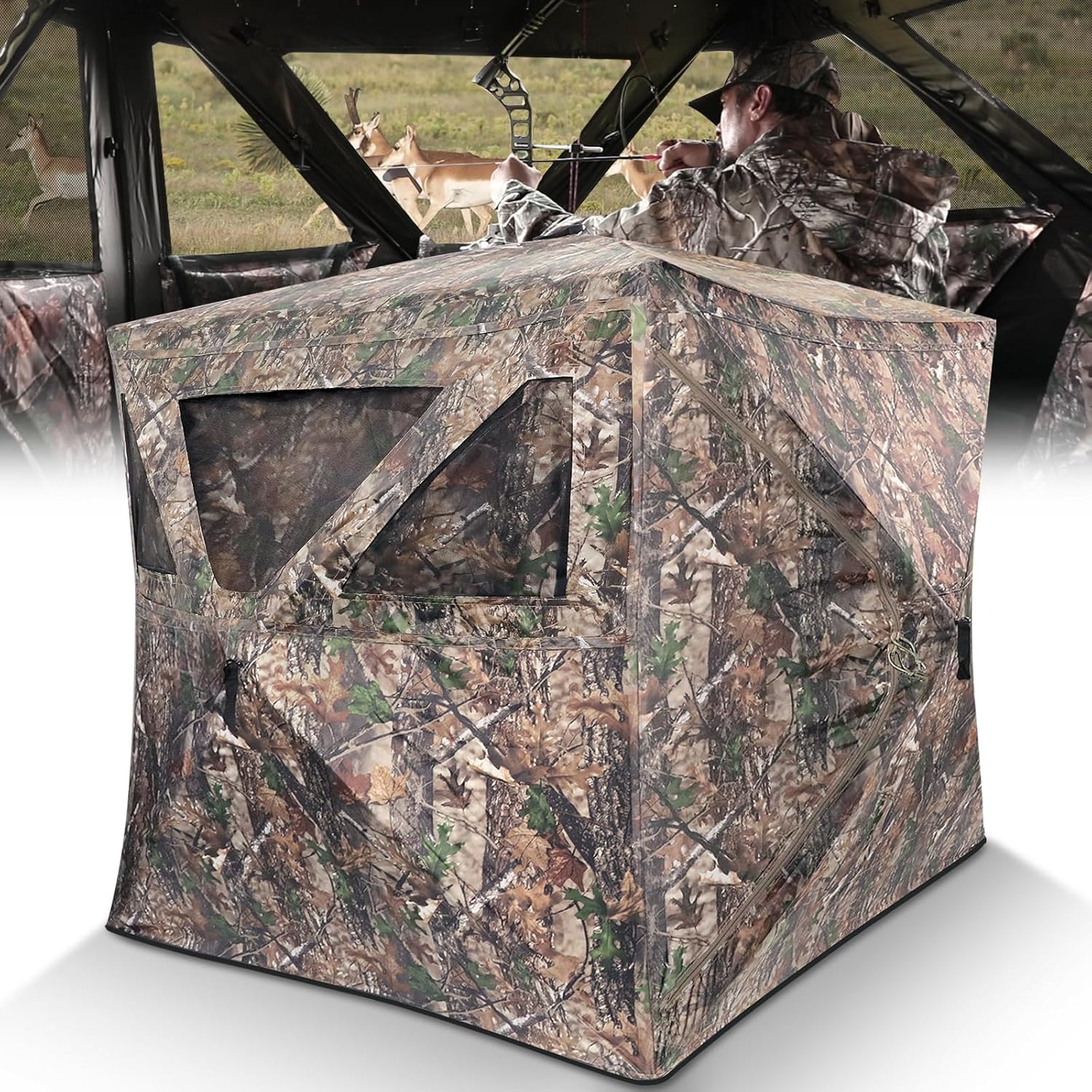 MOFEEZ Hunting Blind, 270°Shoot Through Mesh with Silent Sliding Window, 2-3 Person Ground Deer Stand Pop Up Tent with Portable Bag and Tent Stakes (Camo, 58 "Lx58 Wx66 H) C 2-3 Person(270° View Single Windows)
