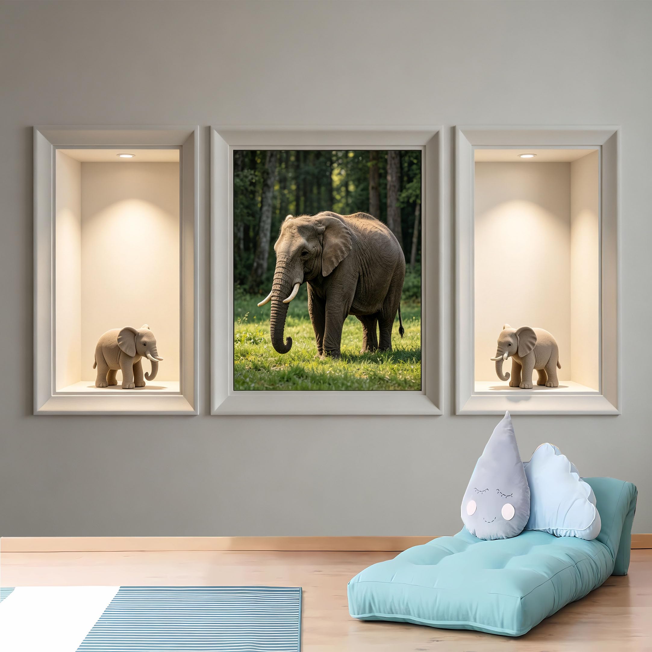 Custom Size Wall Murals 3D Elephant in Forest Niche Scene Wall Murals Self-Adhesive Wall Fabric (NO PVC) Removable Wallpaper for Nursery