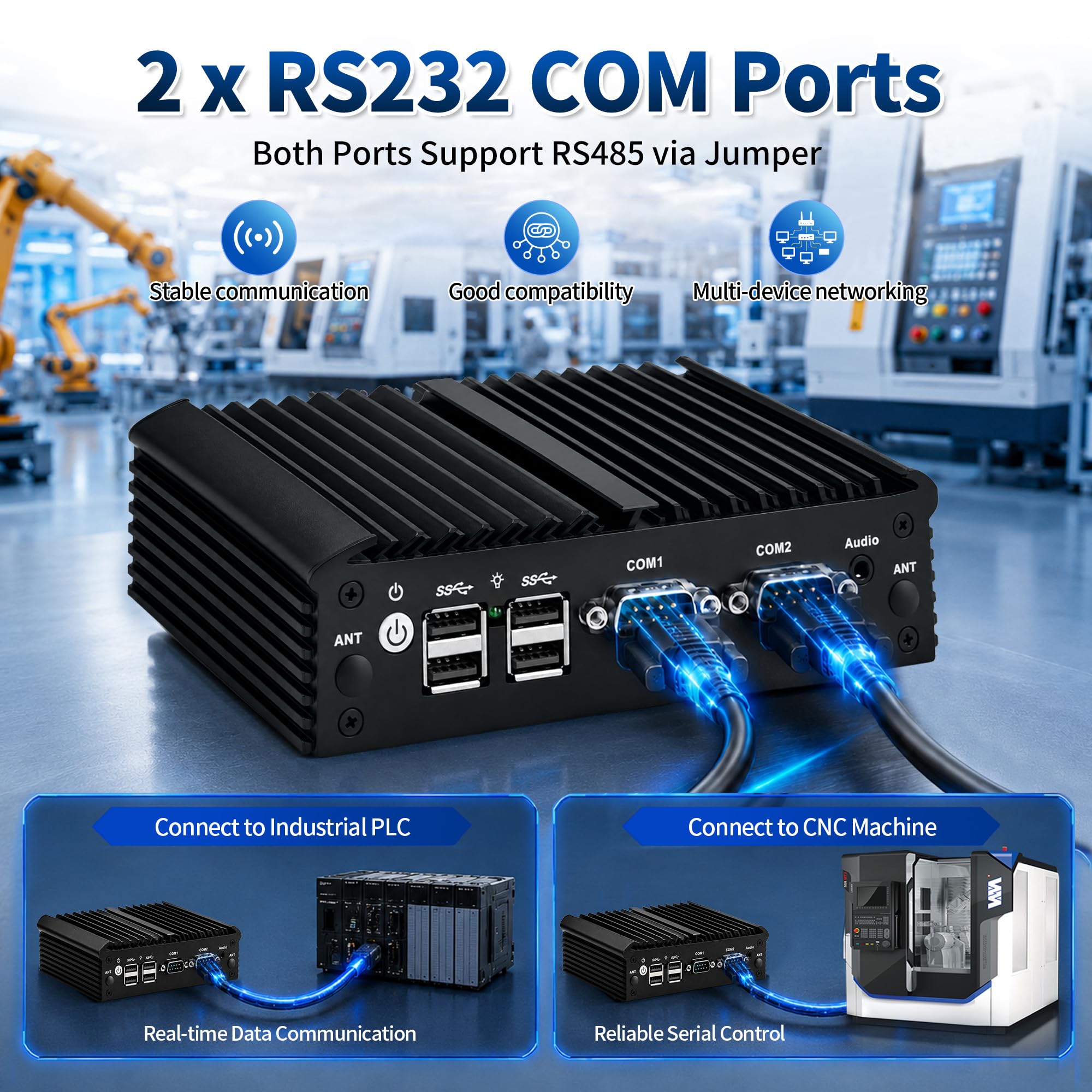 CWWK Mini PC Fanless Industrial N2840, 2X RS232/RS485 COM, 2 x Gigabit LAN, Micro Embedded Mini Computer Box, 8GB RAM 128GB mSATA SSD, Support SIM, mPCIe, SATA, HD, VGA, 6USB