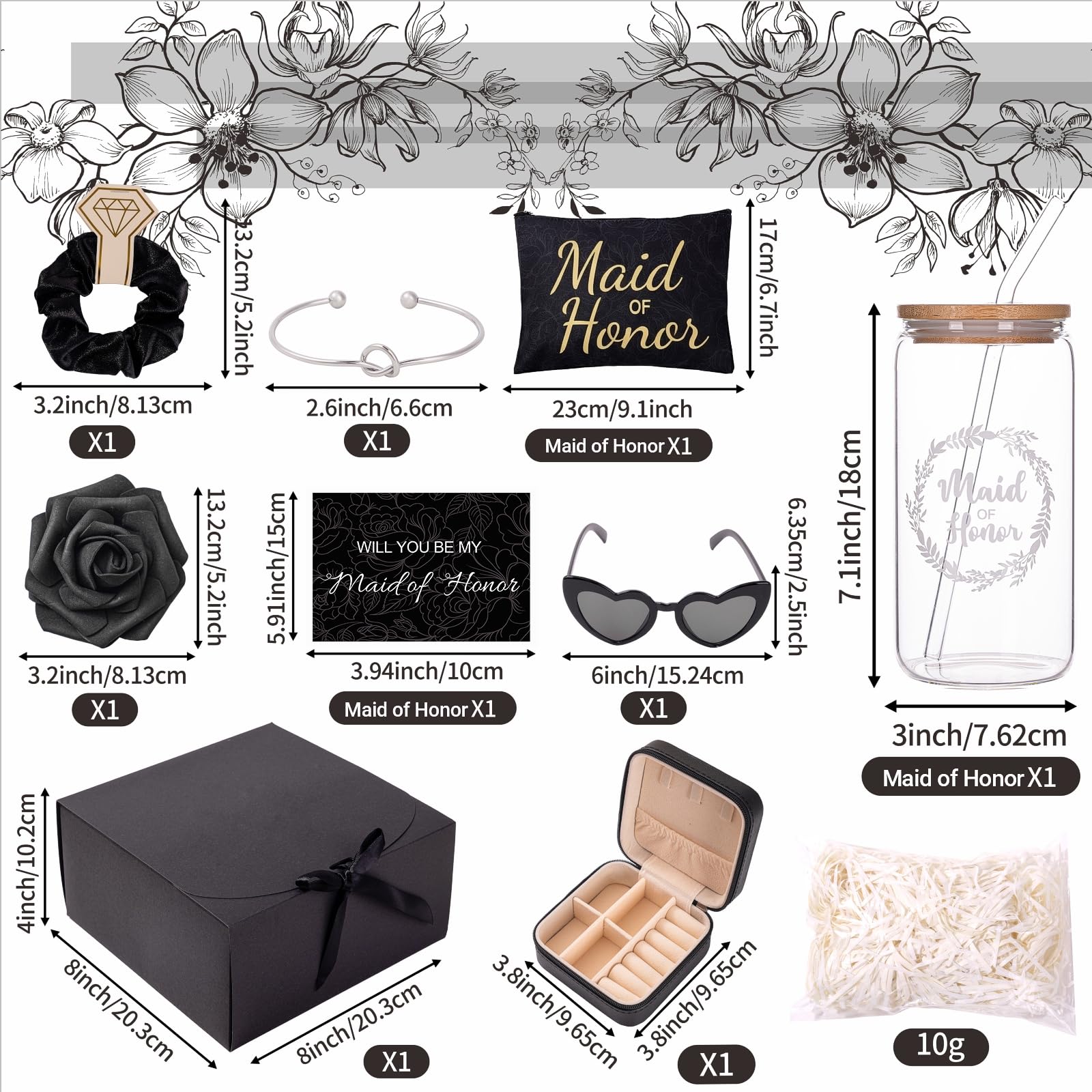 9 Pcs Maid of Honor Gifts - Will You Be My Maid of Honor Kit with Elegant Box Jewelry Box Glass Cup Invited Cards Knotted Bracelets Sunglasses Scrunchies Raffia Grass