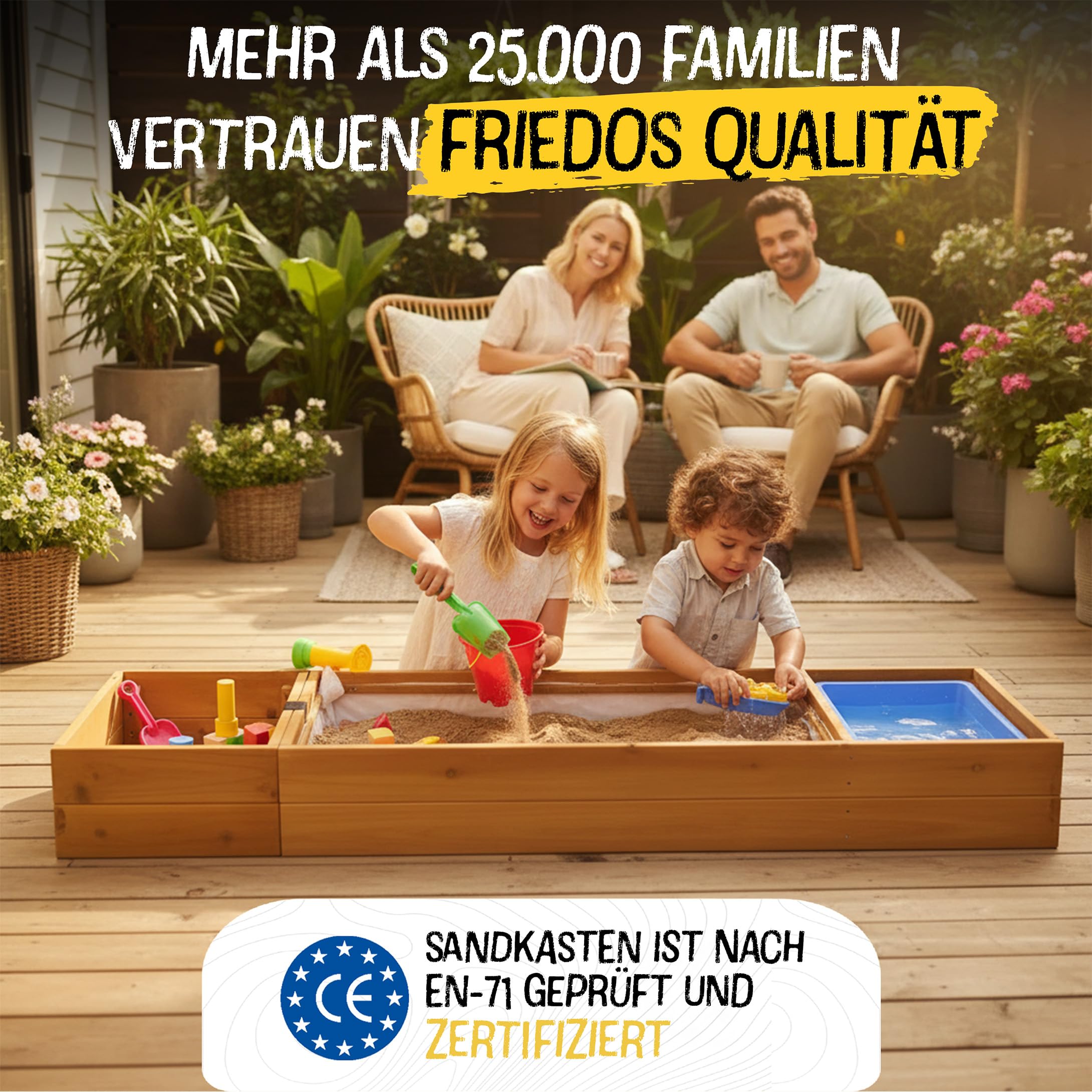 FRIEDO Sandkasten mit Abdeckung 150x40x18cm aus lasiertem Holz und Deckel I Sandkasten mit Matschküche I Sandbox ideal für Balkon, Terrasse, Garten I Sandkiste mit Abdeckung für kleine & große Kinder