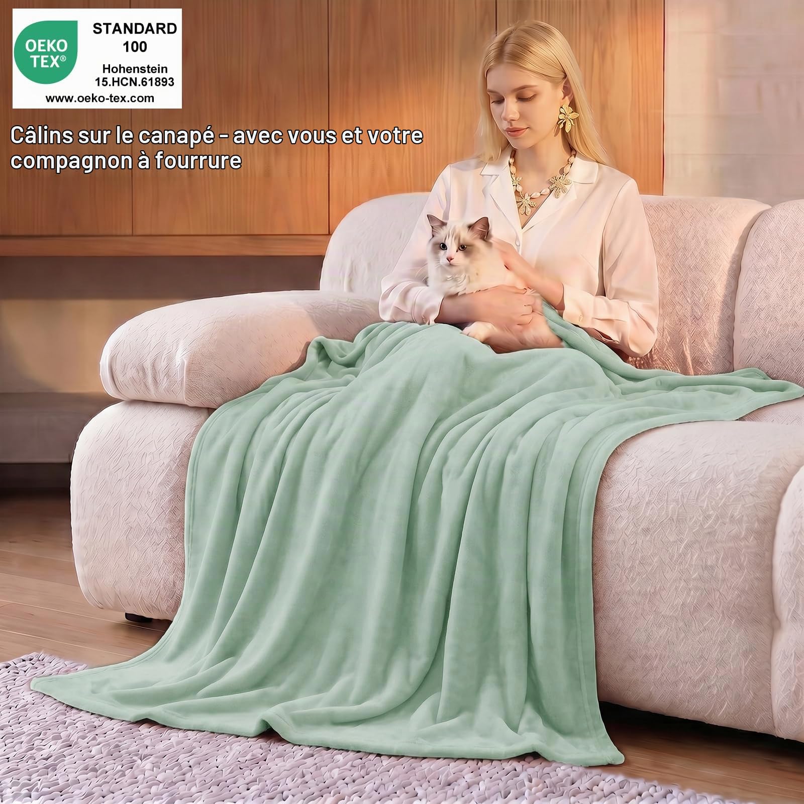 WAVVE Plaid Couverture Polaire Flanelle en Microfibre, Jeté de Canapé 230x270 Vert Clair, Couverture lit Jete de Canape 2 Personnes, Plaid Fourrure Grand Chaud et Doux en Peluche, 270x230