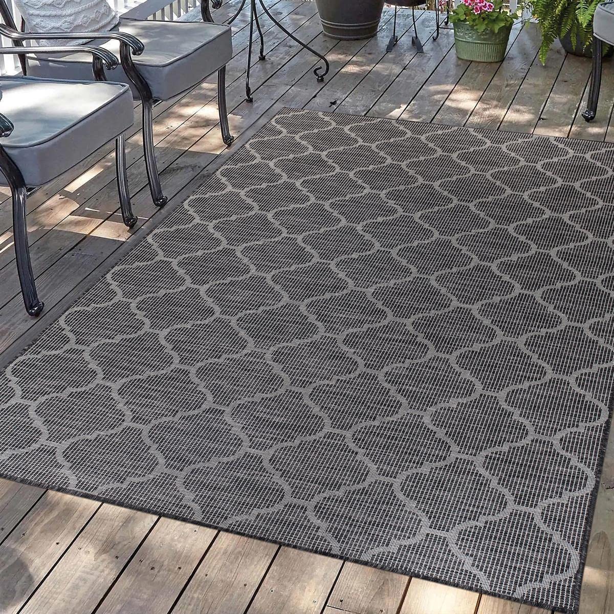 carpet city Outdoor tapijt, terras, weerbestendig, 120 x 170 cm, balkontapijt, zwart, Marokkaans patroon, binnen en buiten tapijten voor veranda, tuin, keuken, badkamer of woonkamer