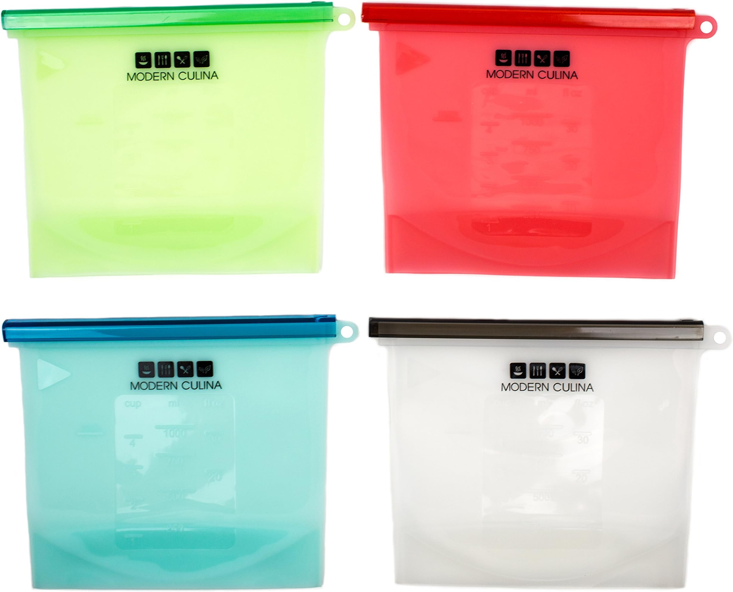 Silicone Food Preservation Bags By Modern Culina: Reusable Food Savers For Sous Vide Cooking, Freezing, Meal Prep And Lunch Packing, Airtight And Leakproof For Liquid Baby Food And Meat Marinate, 4pcs