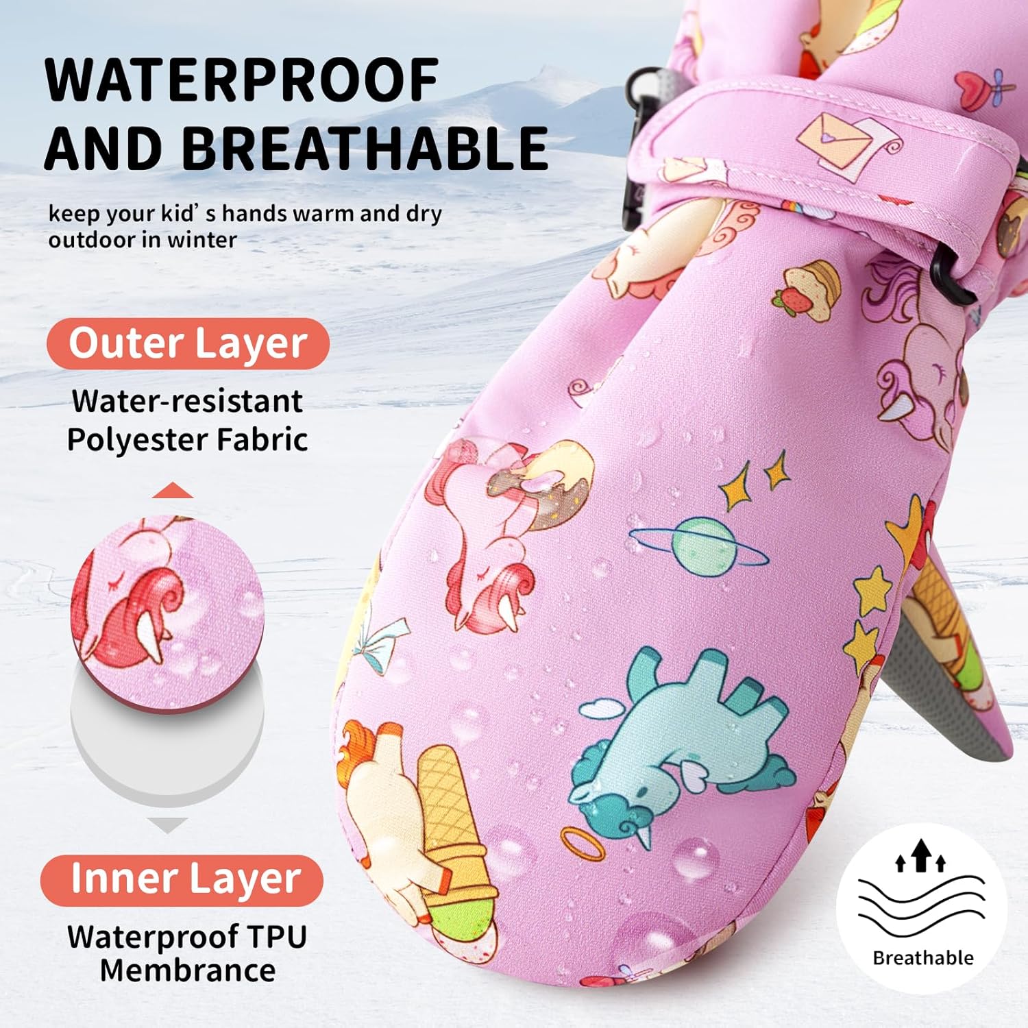 Caudblor Kids Winter Mittens - Waterproof Long Cuff, Fleece, Lightweight for Skiing, Skating - Ages 2-10 - Image 3