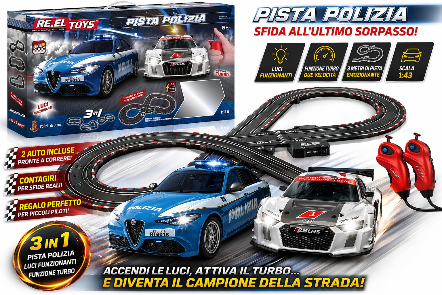 Pista elettrica macchinine telecomandate Pista Elettrica con 2 Slot Car Guardia e Ladri, Scala 1:43, Tracciato Lungo 3,08m, Licenze Ufficiali, Età Consigliata 6+ Anni