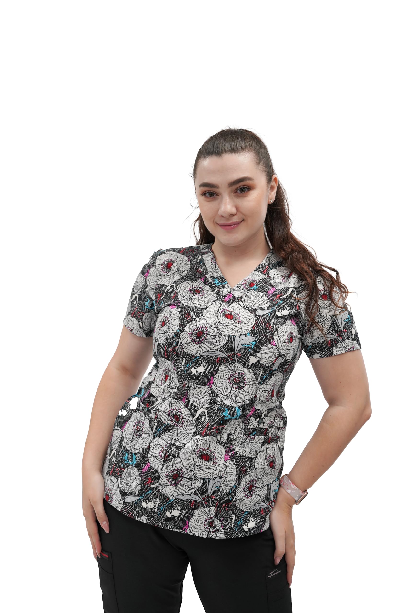 FUBUWomen's V-Neck Print Scrub Top Medical Nursing Uniform