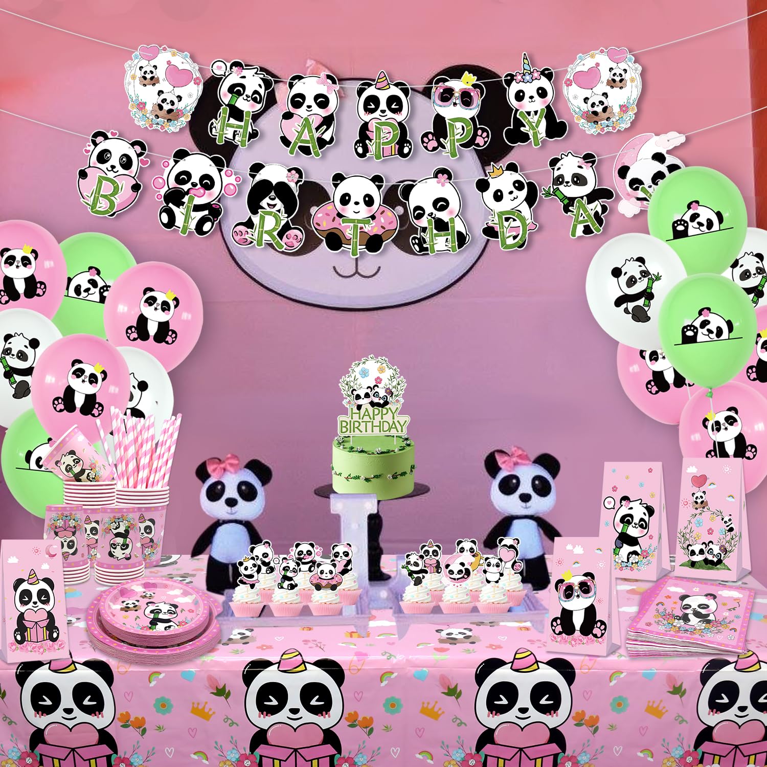 Panda decorazioni di compleanno – striscioni, piatti, tazze, tovaglie, palloncini per feste di ragazze (B)