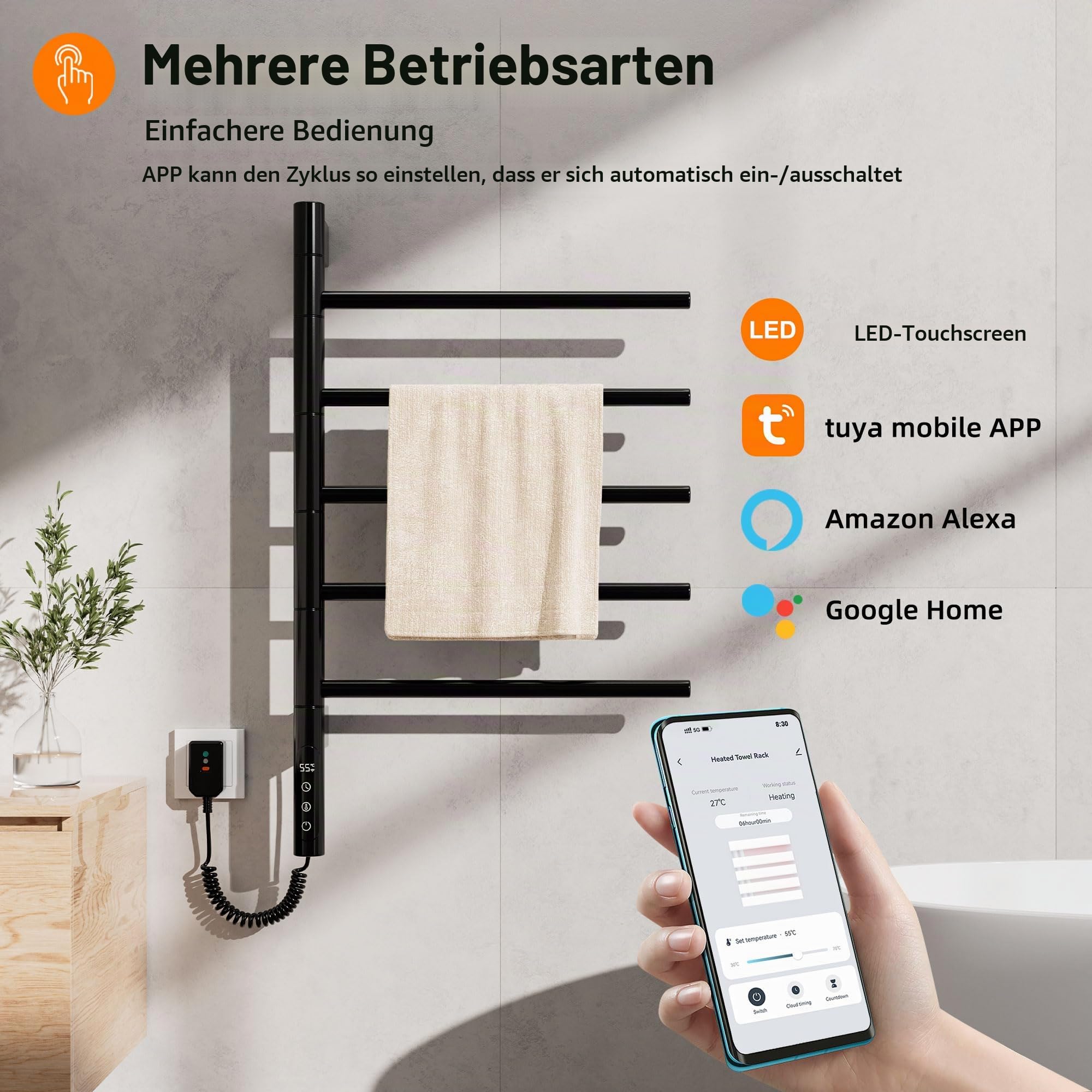 Badheizkörper Elektrisch, 415x680mm, 85W, 180° Drehung Handtuchheizkörper Elektrisch, Schwarz Handtuchheizkörper, Heizkörper Bad, Badheizkörper Handtuchhalter, mit Timer und Thermostat-G63 WiFi Black