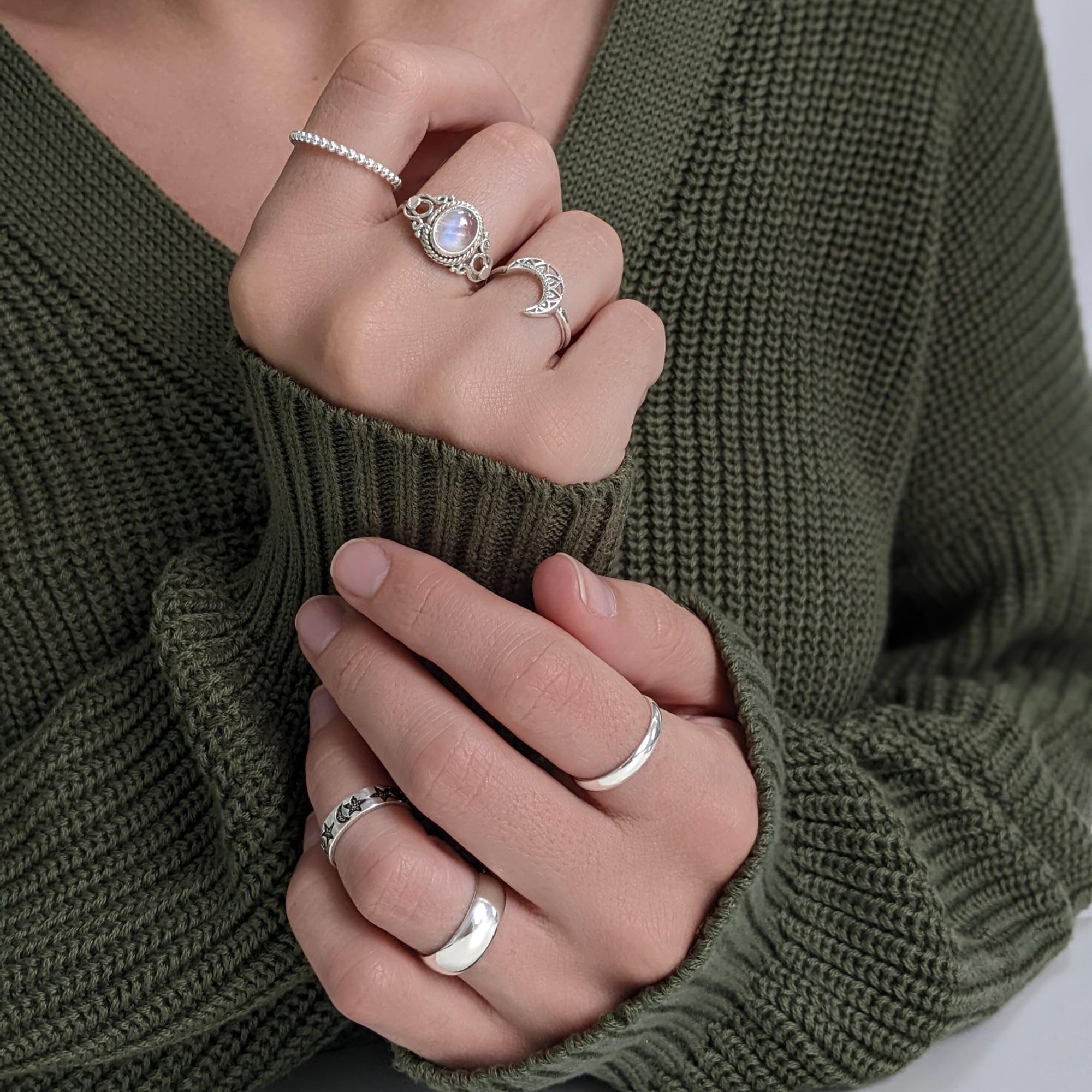 81stgeneration Anillo Cristal Piedra Lunar Plata de Ley 925 | Anillos Bohemios Promesa Piedras Preciosas Ovaladas Engastadas Bisel Adolescentes | Joyería India | Regalos Piedra Natal Junio Mujeres