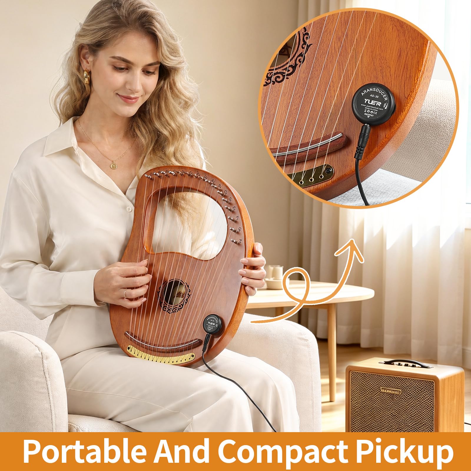 Lyre Harp AKLOT 16 Metal Strings Maple Saddle Mahogany Body Lyra Harp with Carved Note Tuning Wrench Pick up Strings and Black Gig Bag product thumbnail 4