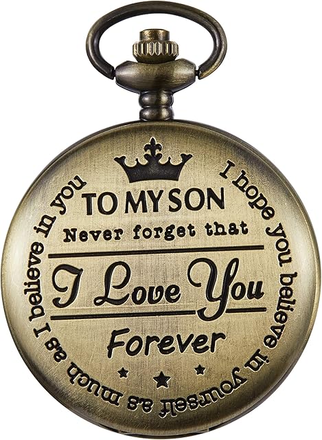 Tiong to My Son Pocket Watch Engraved Classic Vintage Quartz Pocket Fob Watch with Chain for Son Birthday Christmas Gifts