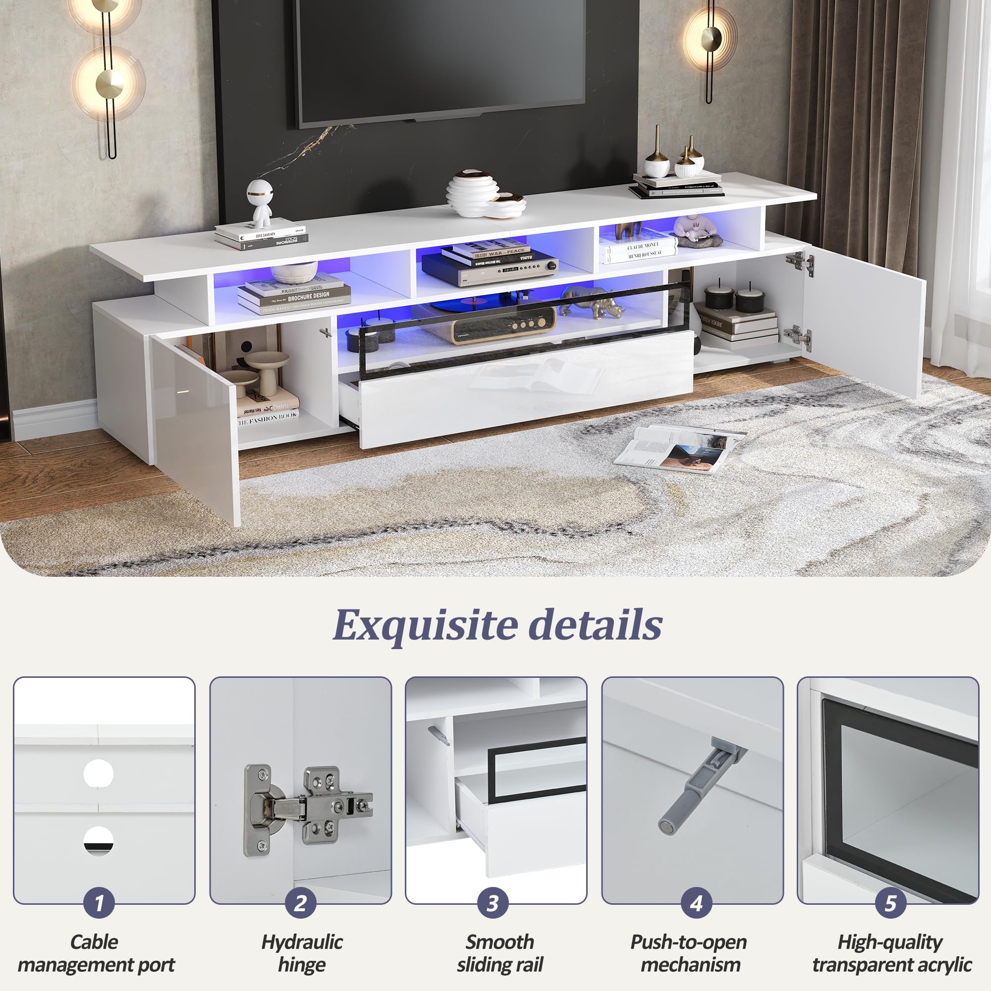 Mobile TV, 180 x 38 x 45 cm, con 2 armadi e 1 cassetto, basso con LED e 10 ripiani, adatto per TV da 75 pollici