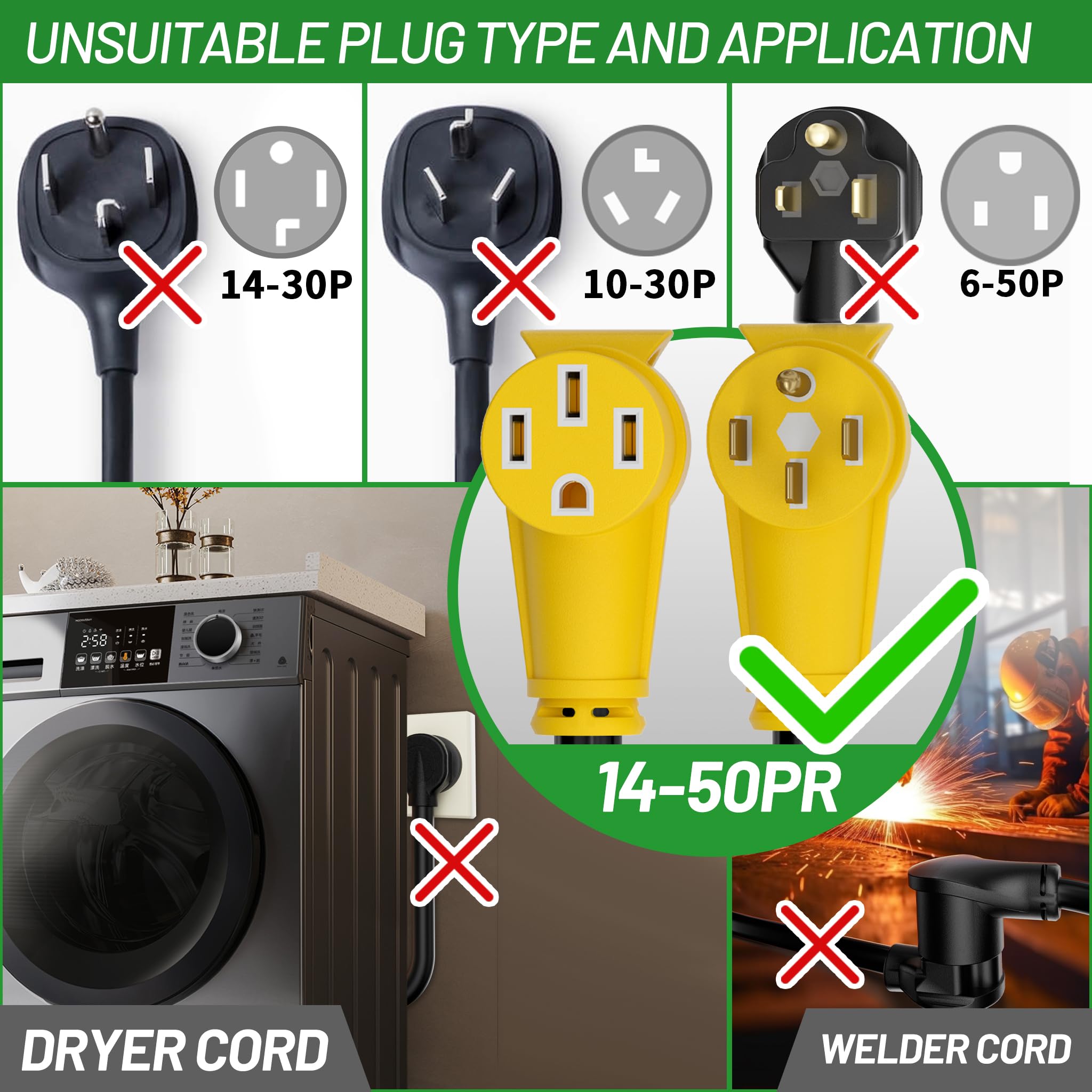 POWGRN Cable de extensión RV/EV de 50 amperios para exteriores con mango de agarre, cable de alimentación flexible resistente calibre 6/3+8/1 STW de 4 puntas RV impermeable, NEMA 14-50P a 14-50R,