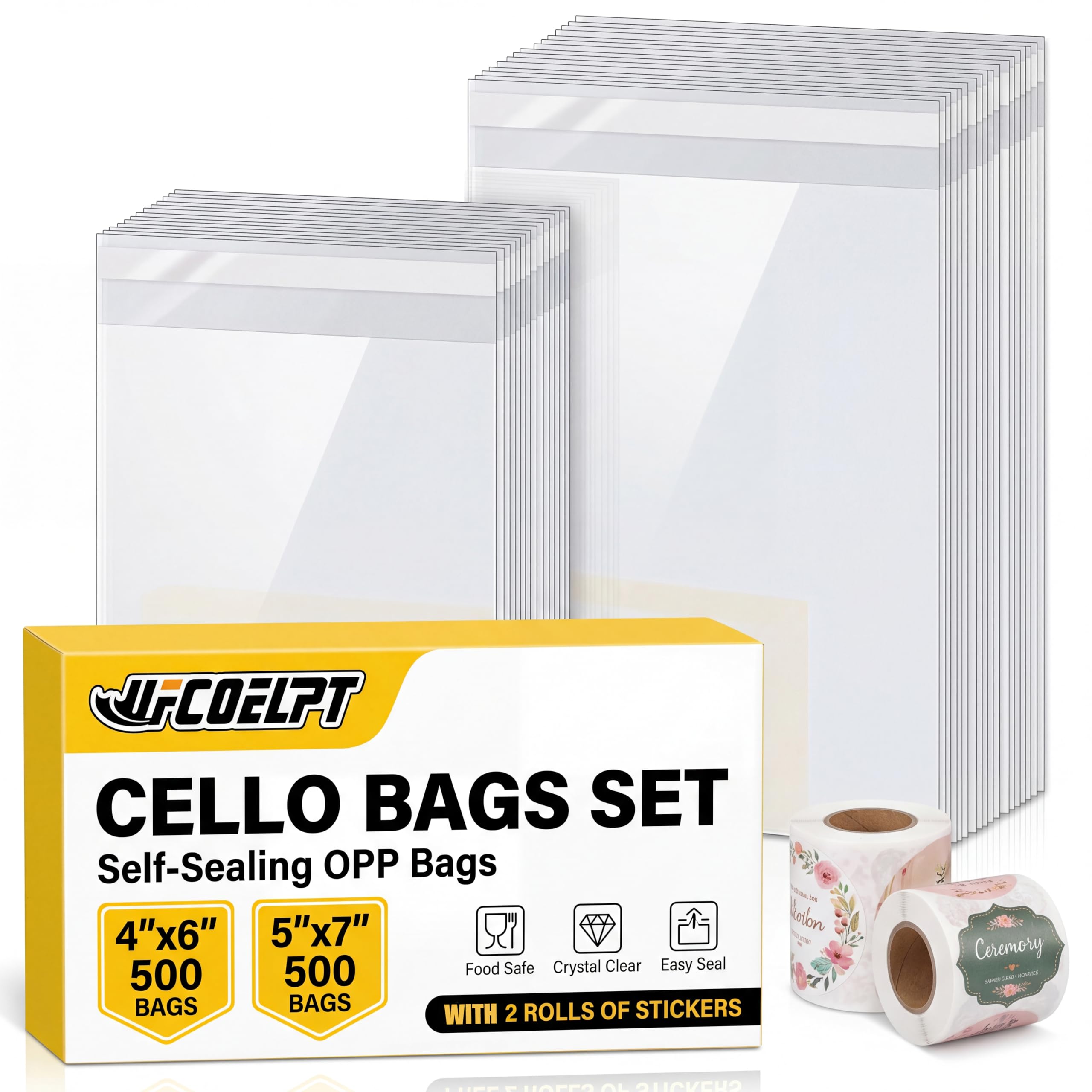 2 bolsas de celofán transparentes de varios tamaños, 1000 unidades, 4 x 6/5 x 7 pulgadas cada una 500 bolsas de galletas, bolsa de celofán resellable para empaquetar galletas, regalos, regalos,