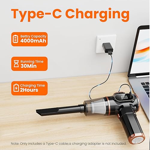 Miniatura 4 de Aspiradora portátil de coche inalámbrica Mini aspiradora de mano de alta potencia con pantalla LCD y múltiples boquillas, limpiadores de mano para