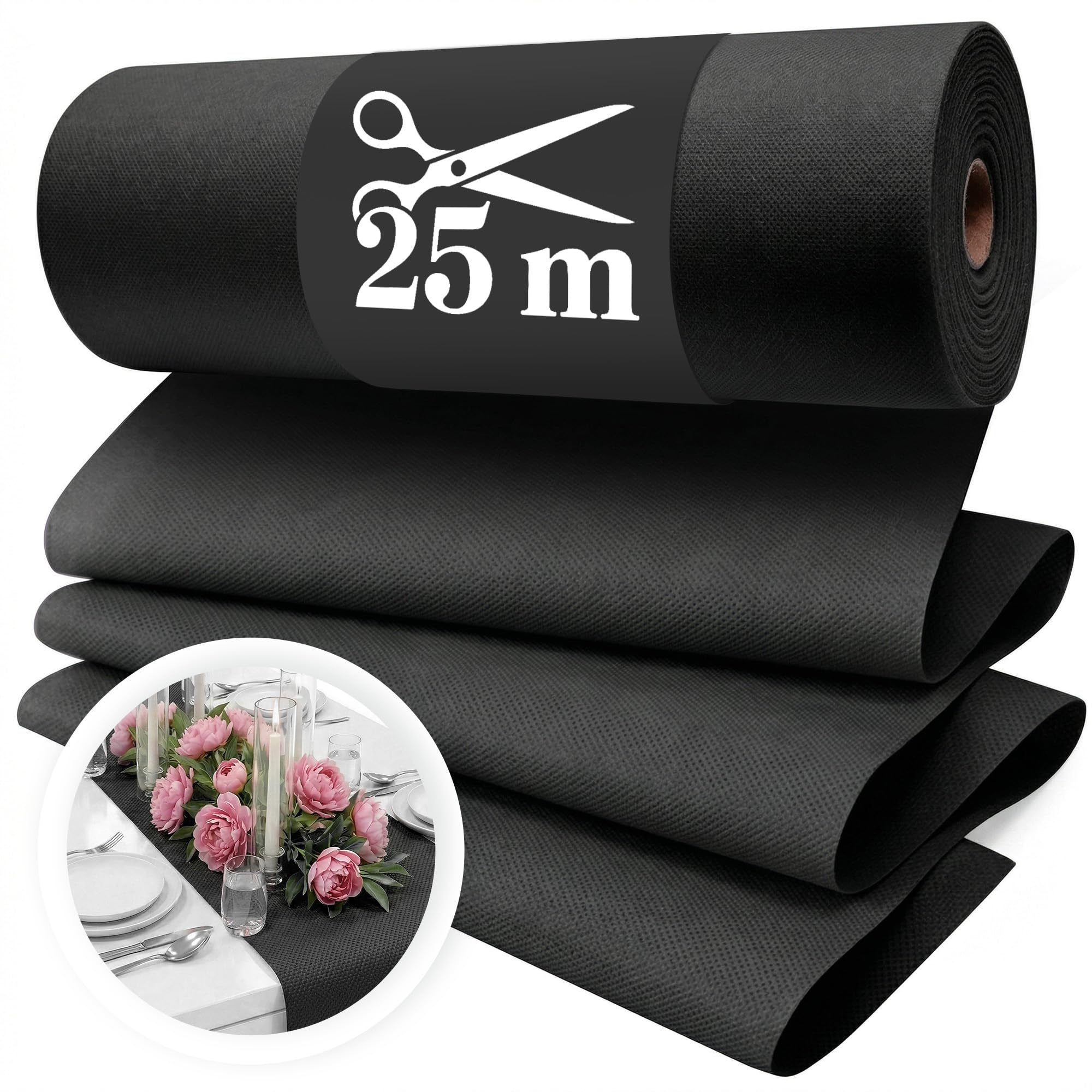 Vlies Tischläufer Schwarz [30cm x 25m] - Einweg Tischband als edle Tischläufer Tischdeko für Hochzeit, Kommunion, Taufe, Geburtstag, Weihnachten und Biertisch Feste