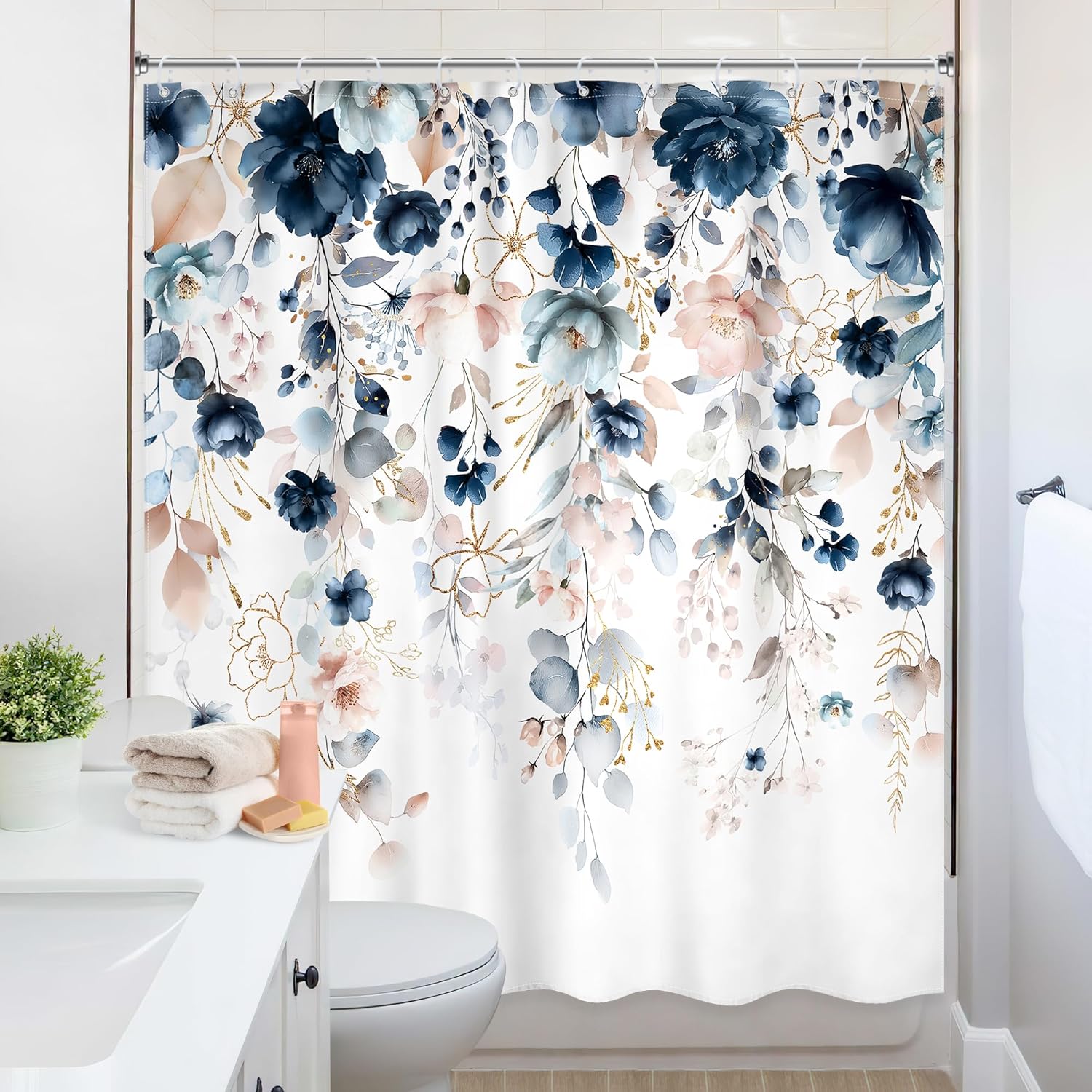 Blue Pink Floral Shower Curtain Extra Long 72Wx84L Inch Rustic Floral Boho Wildflower Watercolor Gold Eucalyptus Leaf Bathroom Set Plant Botanical Bath Curtain Bathtub Accessories Home Decor