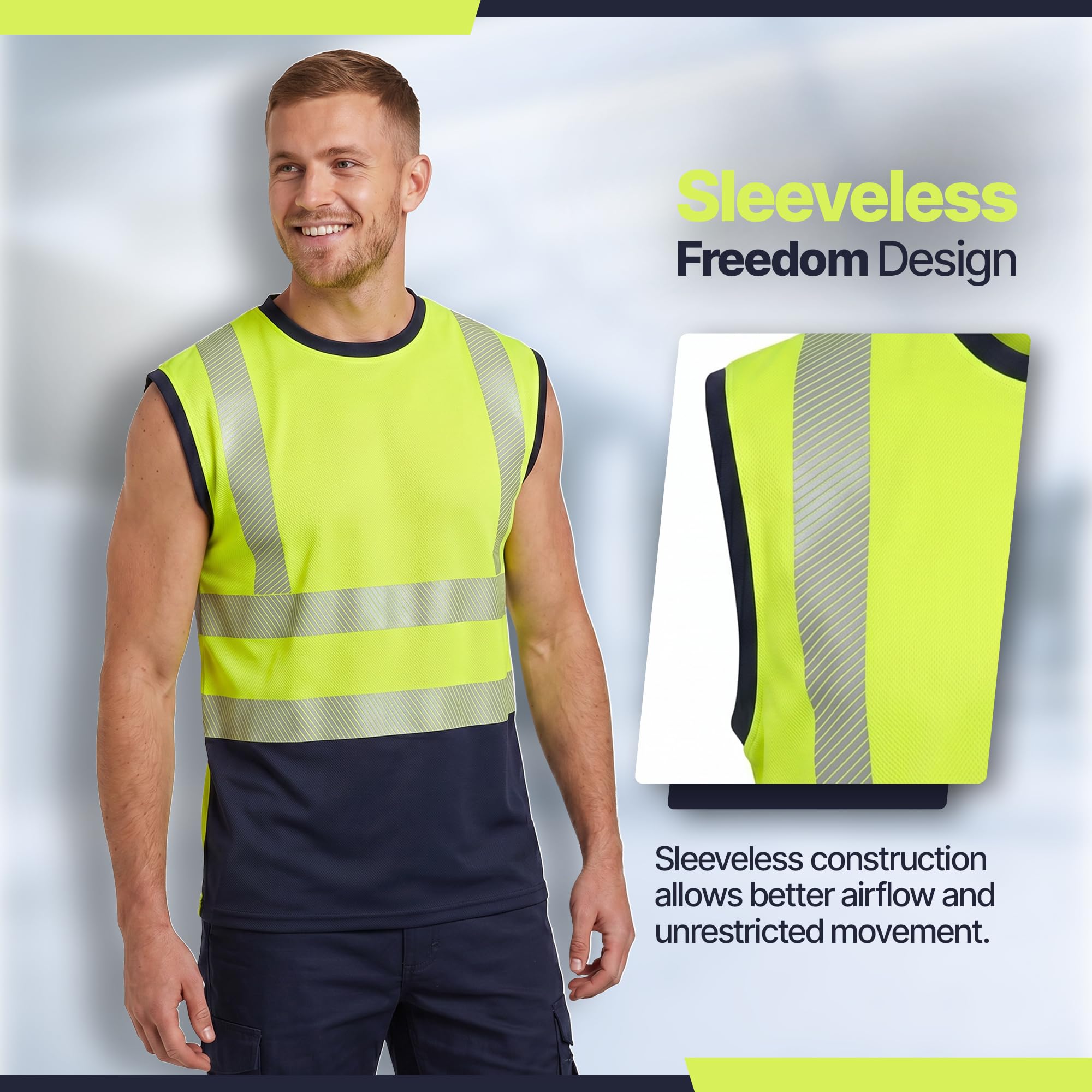 Golomak Hi Vis Viz Work Sleeveless Round Neck T-Shirt Reflective Vest (L), Yellow Navy Round Neck - Image 5