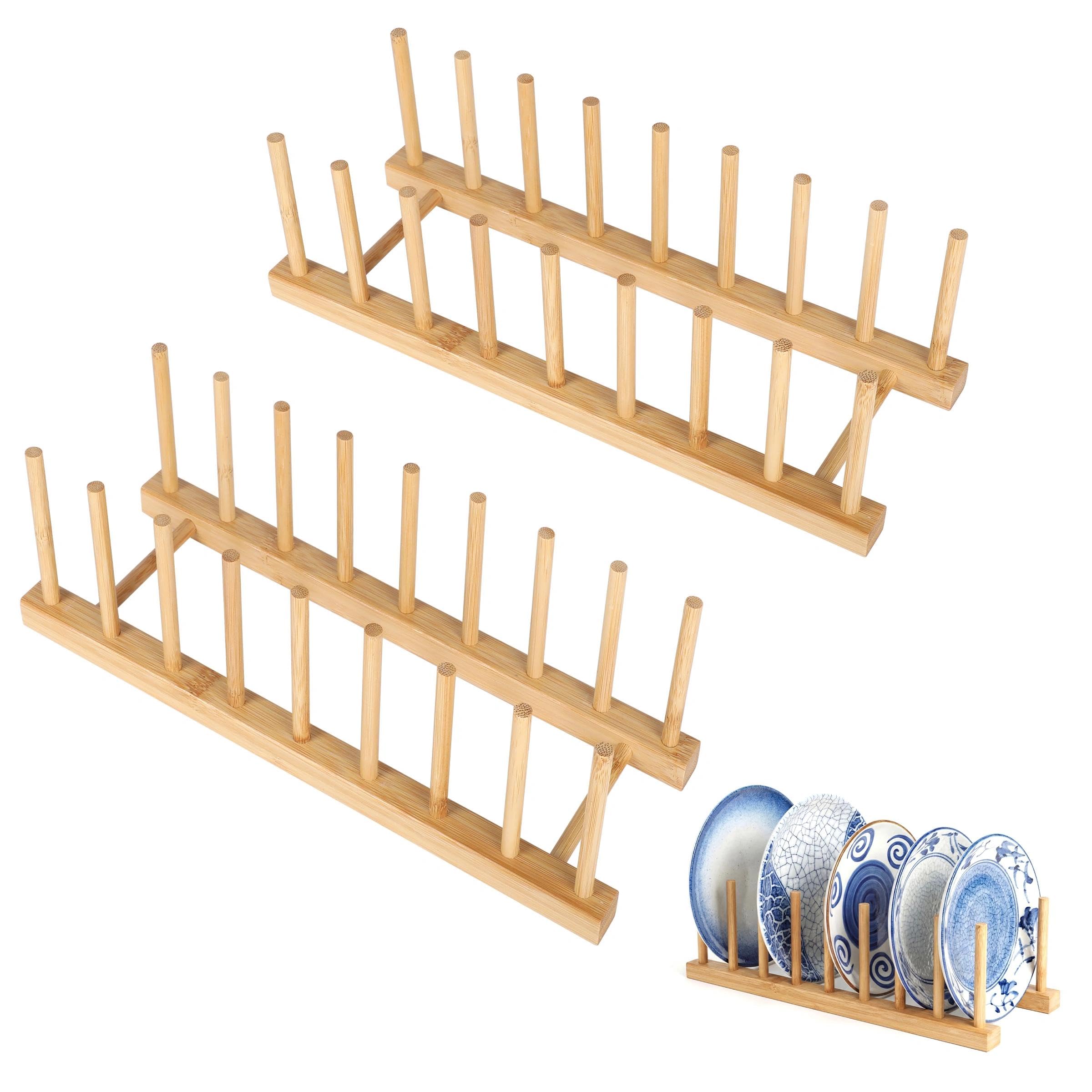 2 Pcs Wooden Plate Racks,8-Grid Tableware Storage Rack,Detachable Dish Rack
