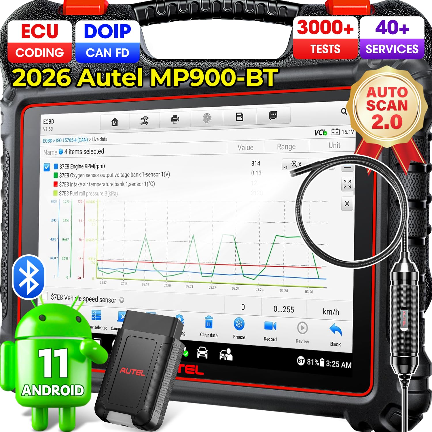 Autel Scanner MaxiPRO MP900-BT w/ $60 MV108S | 2026 MP900BT Upgraded of MP900 DS900 MP808BT PRO w/DoIP/CAN FD, Same as MS906 PRO MS906 MAX MK908 w/OE C0ding, 3K+ Tests, 40+ Services, OS11, FCA SGW