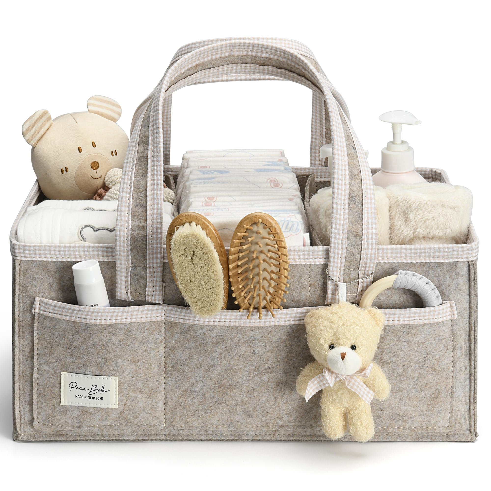 Organizador de pañales PeraBella XL con asa, cesta para regalos de baby shower, registro de búsqueda, artículos imprescindibles, organizador de almacenamiento para guardería de recién nacidos, niñas y niños, bolso para bebé, artículos esenciales, carrito para pañales para coche