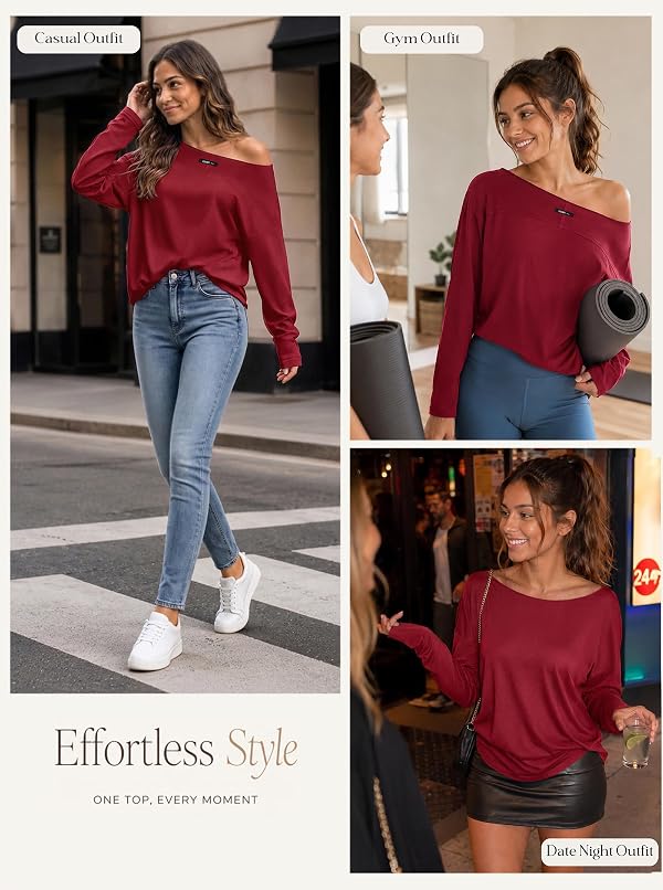 Women Off Shoulder Oversized Boat Neck Long Sleeve Top Burgundy Large by Hilinker - Used condition - Image 6