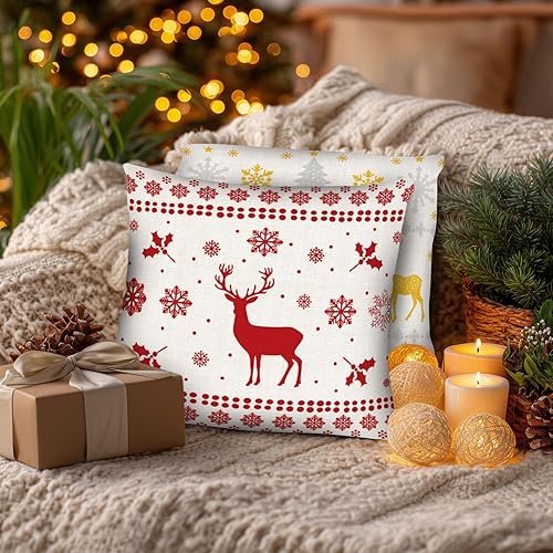 Miniatura 8 de PICKFORU Juego de 4 fundas cuadradas de almohada navideñas de 18 x 18 pulgadas, fundas cuadradas de invierno con ciervos navideños para sofá,