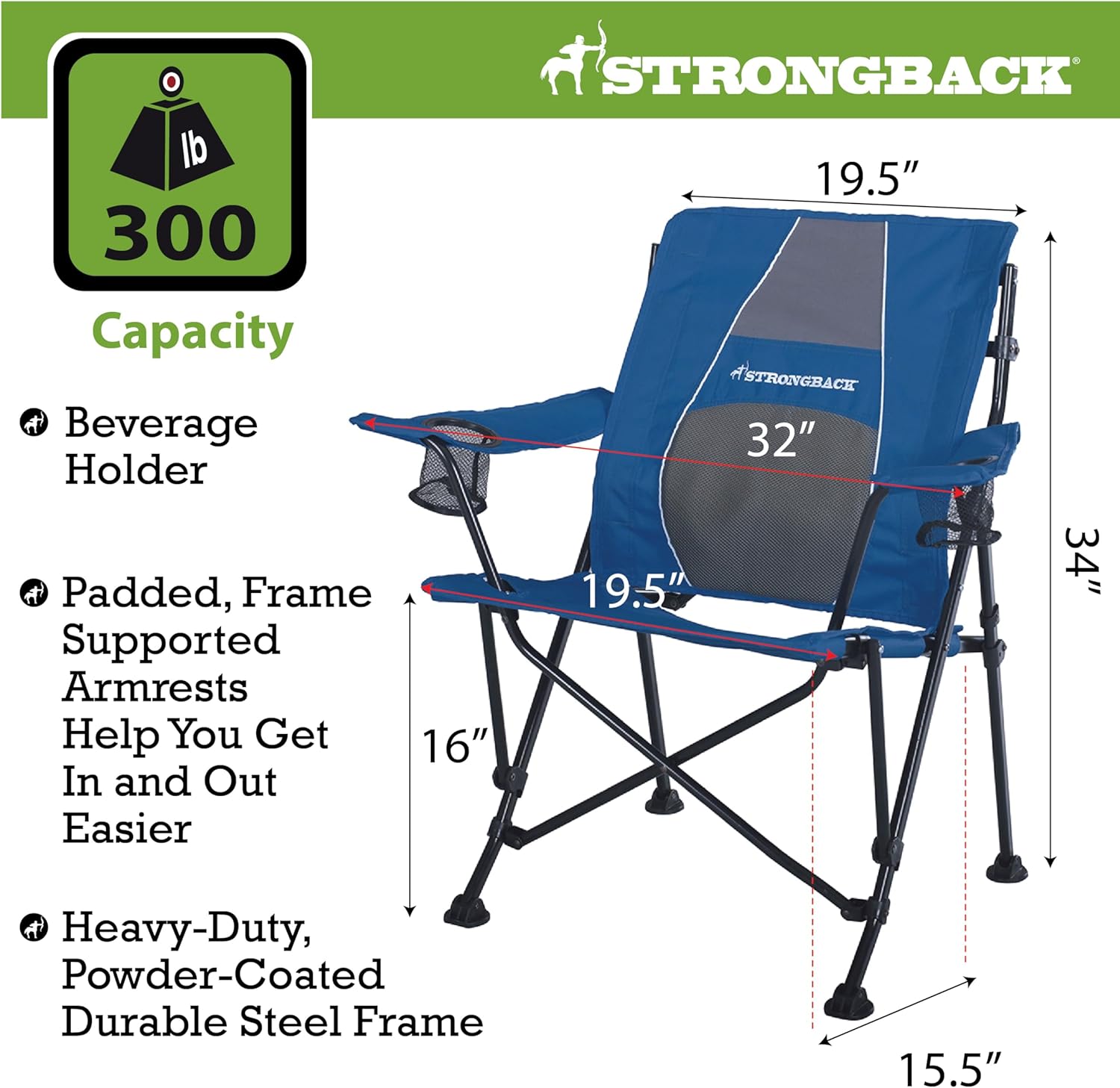 STRONGBACK Camping Chair Guru Heavy Duty Camping Chairs with Lumbar Suppor - Backpack Folding Camp Chair - Navy