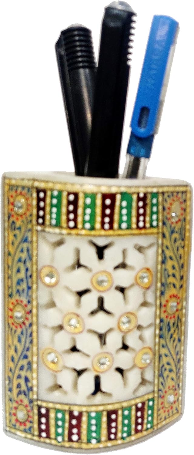 Purpledip Marble Pen Stand, Stationery Holder, Or Tooth Brush Holder: Jali Work Lattice Design Oval Shape (10577A)