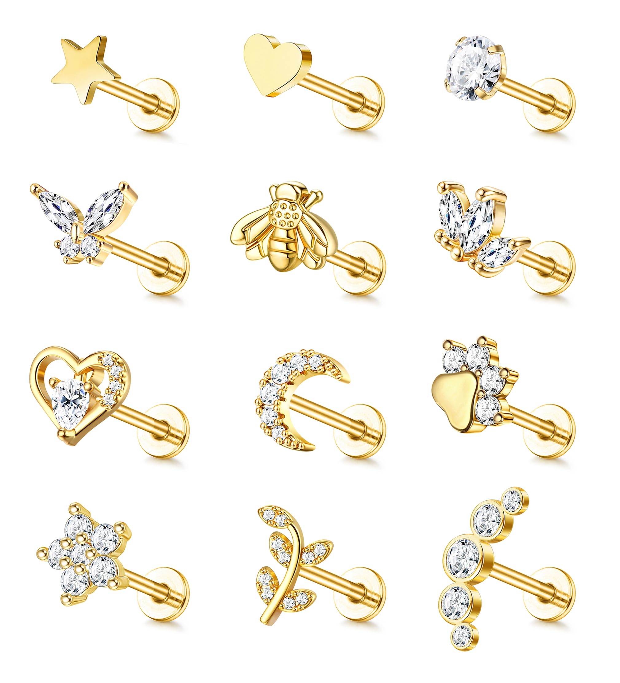YADOCA12Pcs 16G Tragus Earrings for Women Flat Back Cartilage Earring Stainless Steel Top Screw CZ Butterfly Bee Flower Moon Heart Flatback Stud Earrings Labret Conch Helix Cartilage Tragus Piercing Jewelry Set