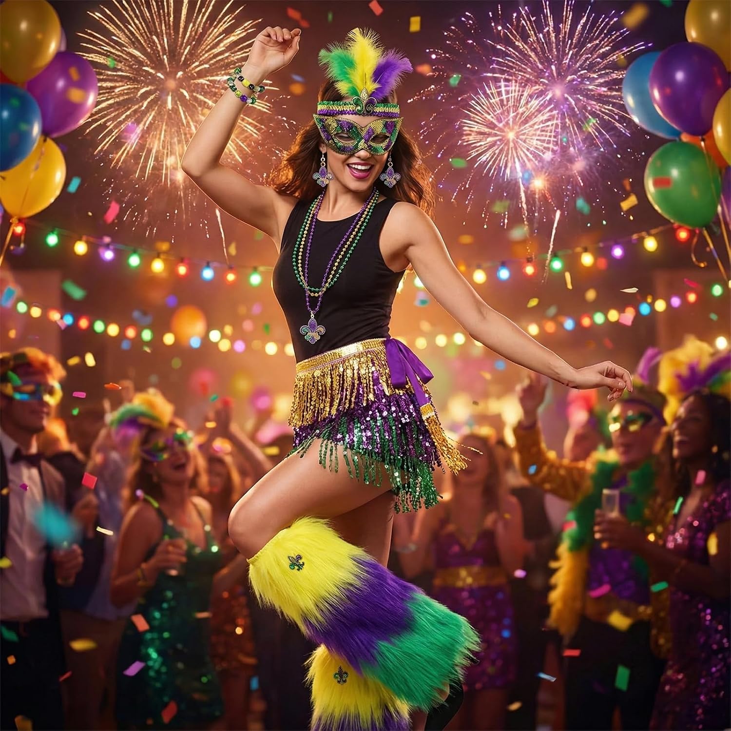 Mardi Outfit for Women, Tassel Sequins Wrap Skirt & Leg Warmers, Costume Accessories for Carnival Party