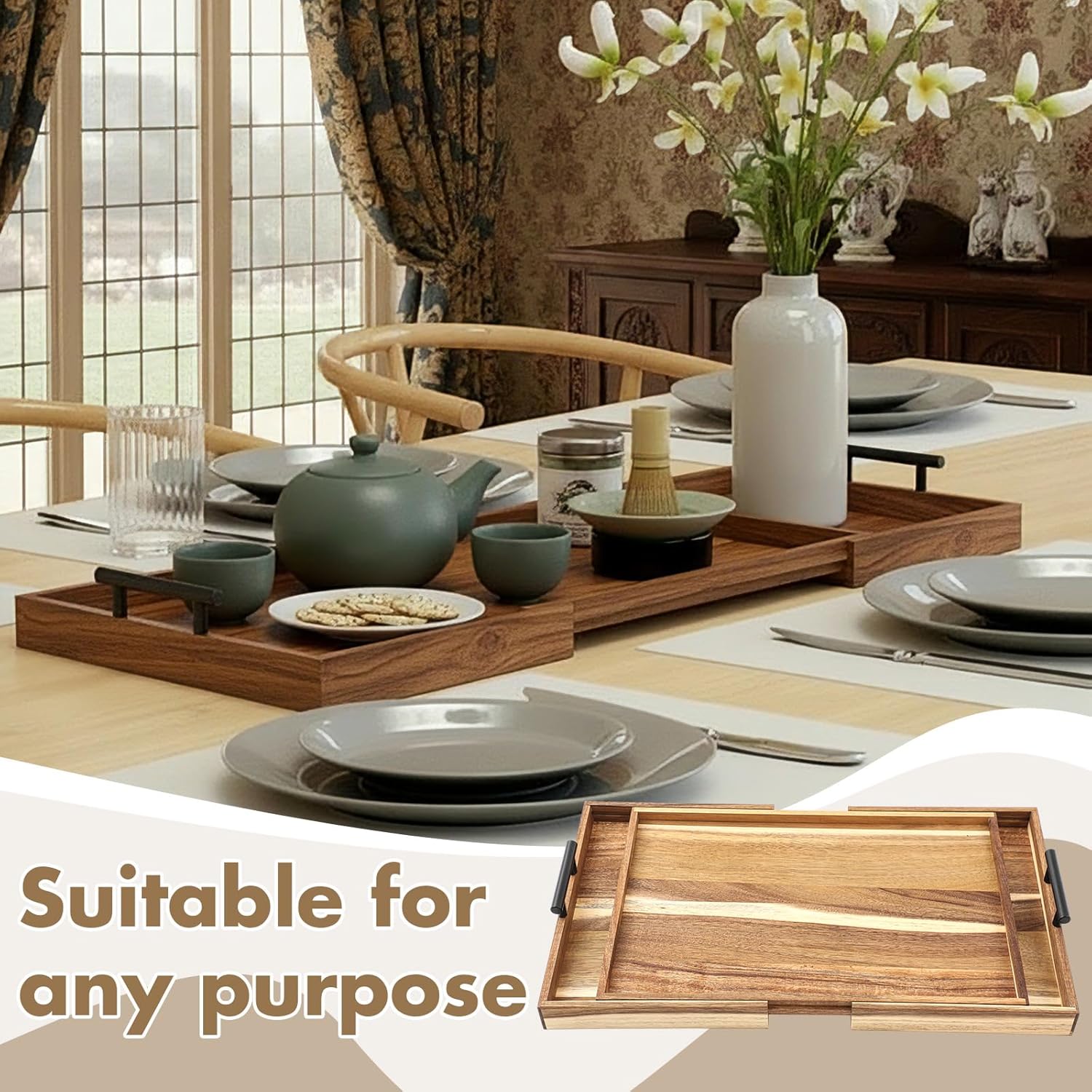 Lounsweer Acacia Expandable 32 Inch Large Charcuterie Board for Party with Handles and Knife Set XL Wood Serving Tray Long Cheese Platter for Gatherings Entertaining House Warming Gift - Image 8