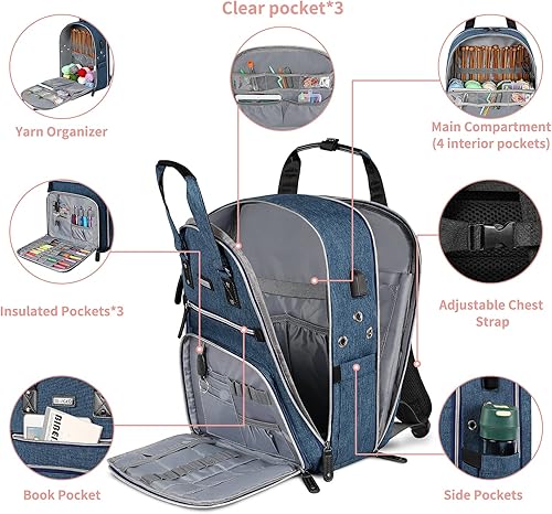 Miniatura 3 de Bolsa de ganchillo, mochila de tejido y organizador de bolsas con puerto de carga USB, bolsa grande de almacenamiento de hilo