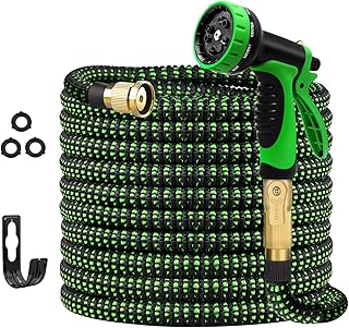 JOH Manguera de jardín expandible de 100 pies, manguera de agua con boquilla rociadora de alta presión de 10 funciones, manguera flexible resistente, accesorio de latón macizo de 3/4 pulgadas, verde
