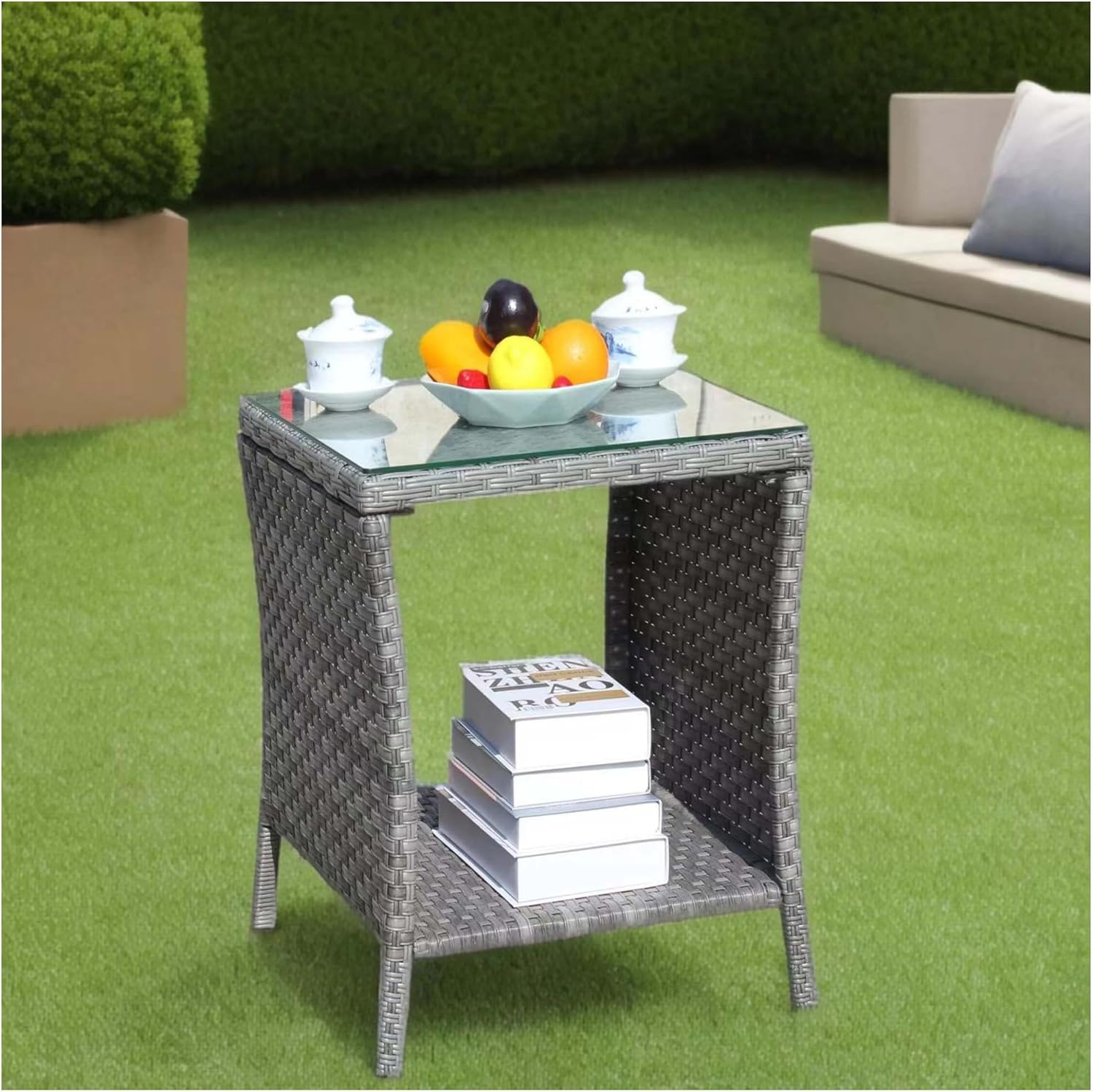 Outdoor Coffee Table with Tempered Glass Top - Grey Wicker Patio Side Table - Weather Resistant PE Rattan Furniture for Garden, Porch, Deck