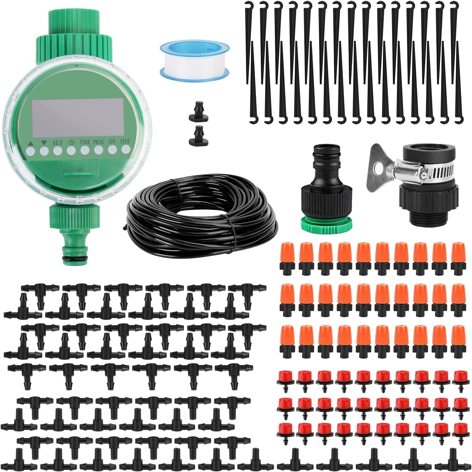 SubClap Drip Irrigation Kit with Timer, 158PCS Garden Irrigation System with Adjustable Nozzle Sprinkler, 82ft/25M Distribution Tubing Watering Drip Kit for Garden,Flower Bed, Patio, Lawn